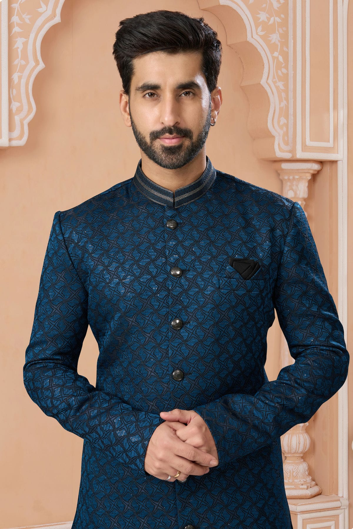 Blue Colour Jacquard Sherwani VSSH1040551