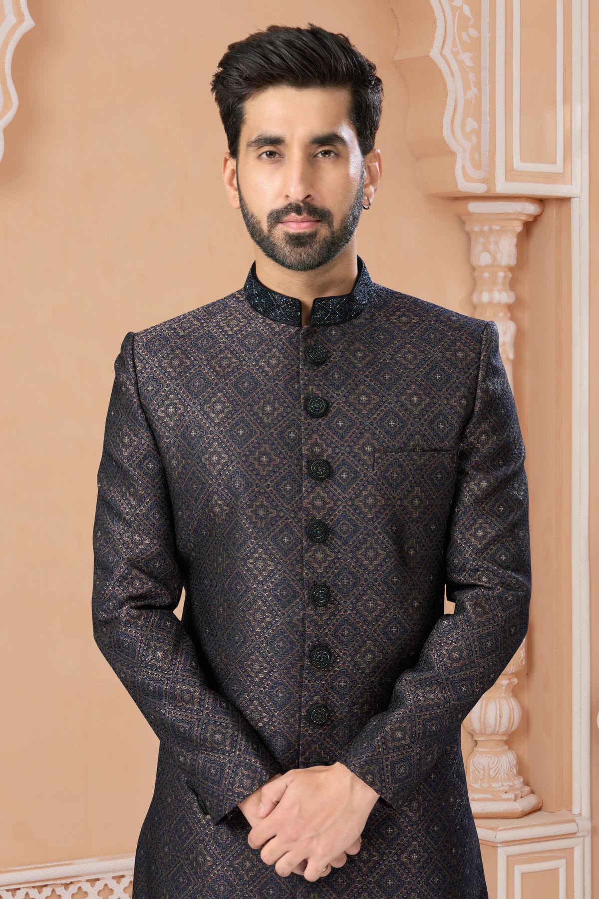 Blue Colour Jacquard Sherwani VSSH1040580