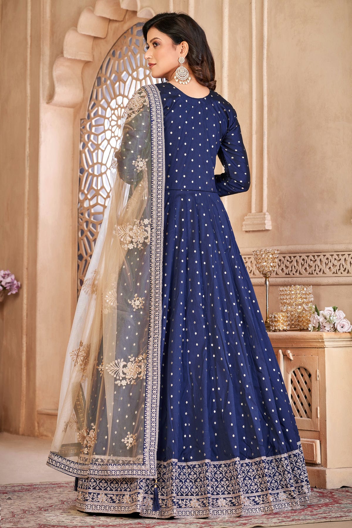 Blue Colour Semi Stitched Taffeta Silk Anarkali Suit VSSM1050422