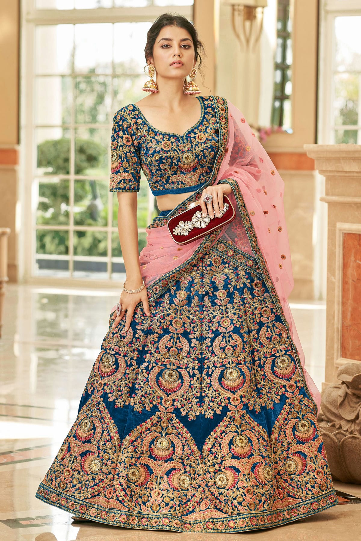 Blue Colour Velvet Lehenga Choli VSLC1010275