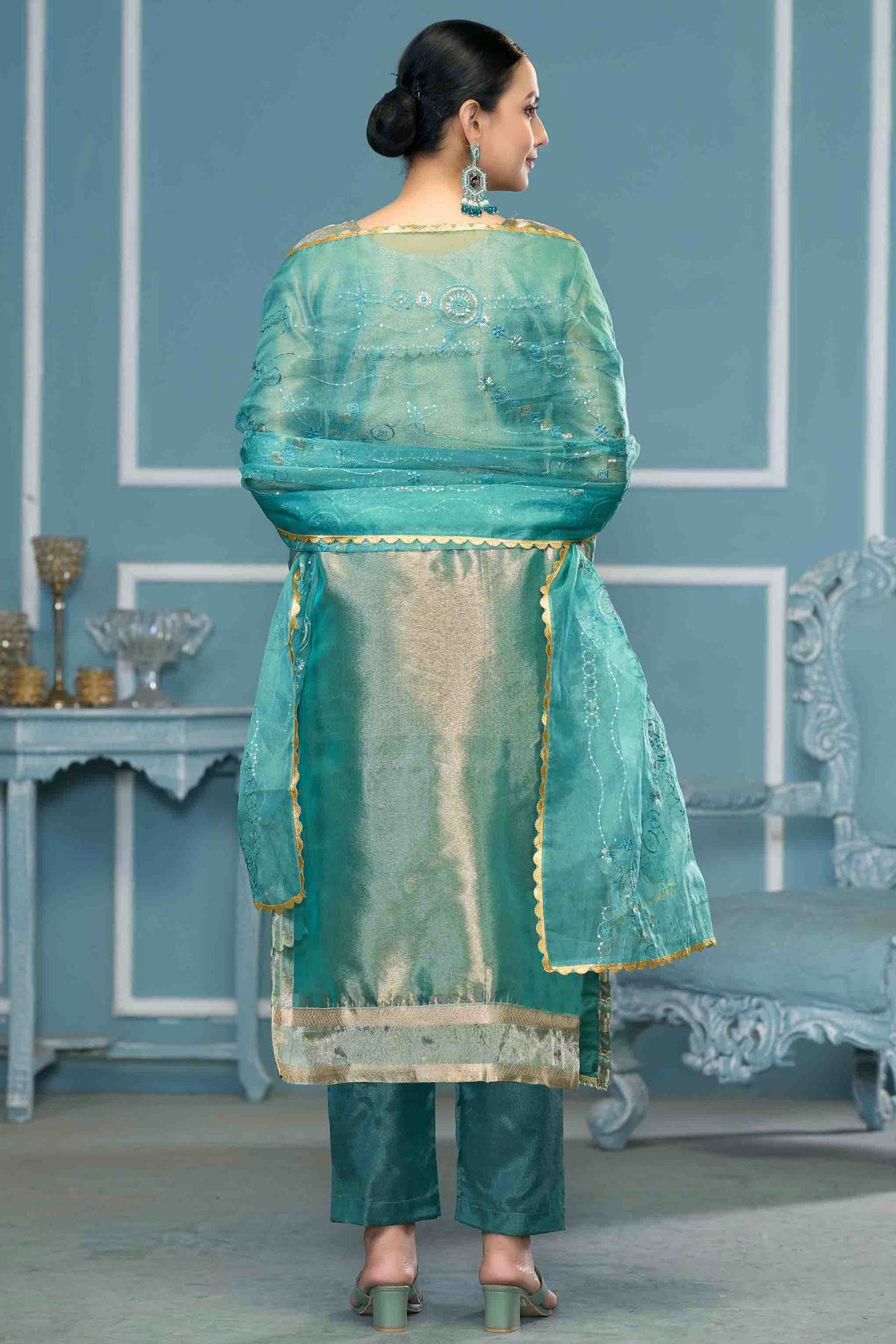 Blue Colour Viscose Organza Pant Style Suit VSSM1113196