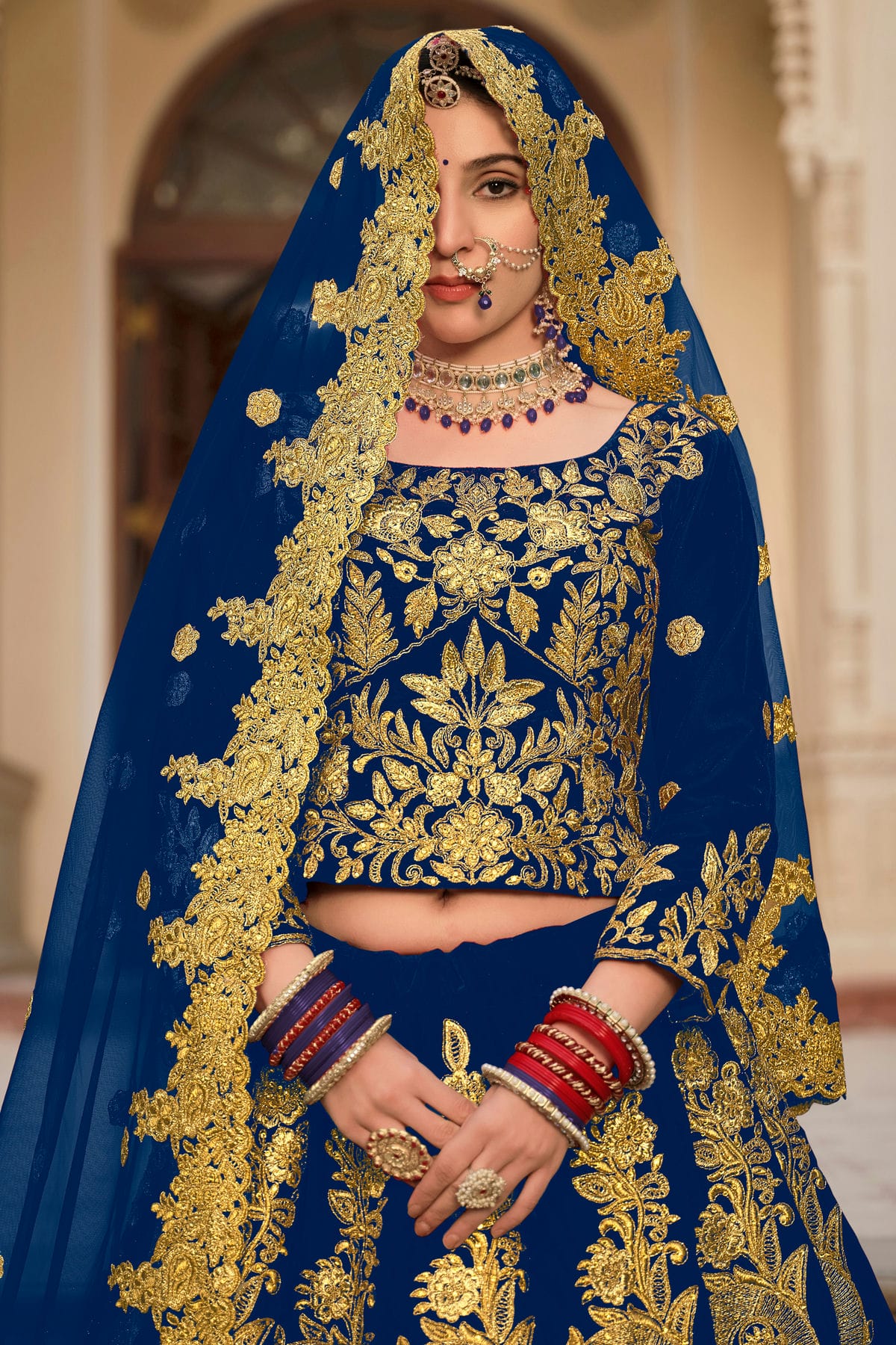 Blue Embroidery Velvet Lehenga Choli