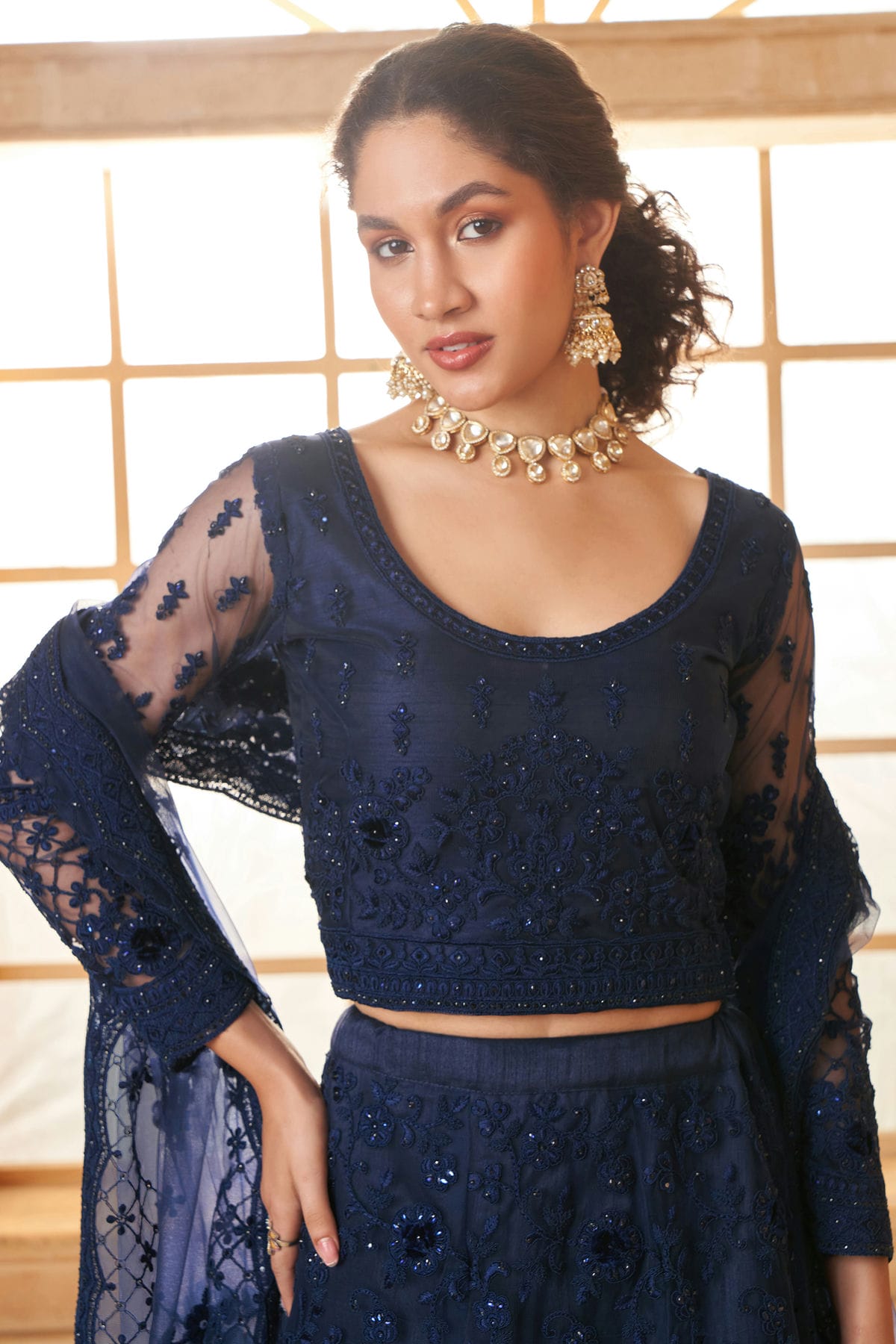 Blue Embroidery Net and SilK Lehenga Choli VSLC1290151