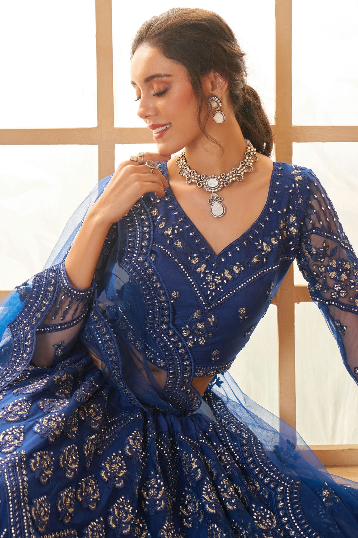 Blue Embroidery Net and SilK Lehenga Choli VSLC1290153