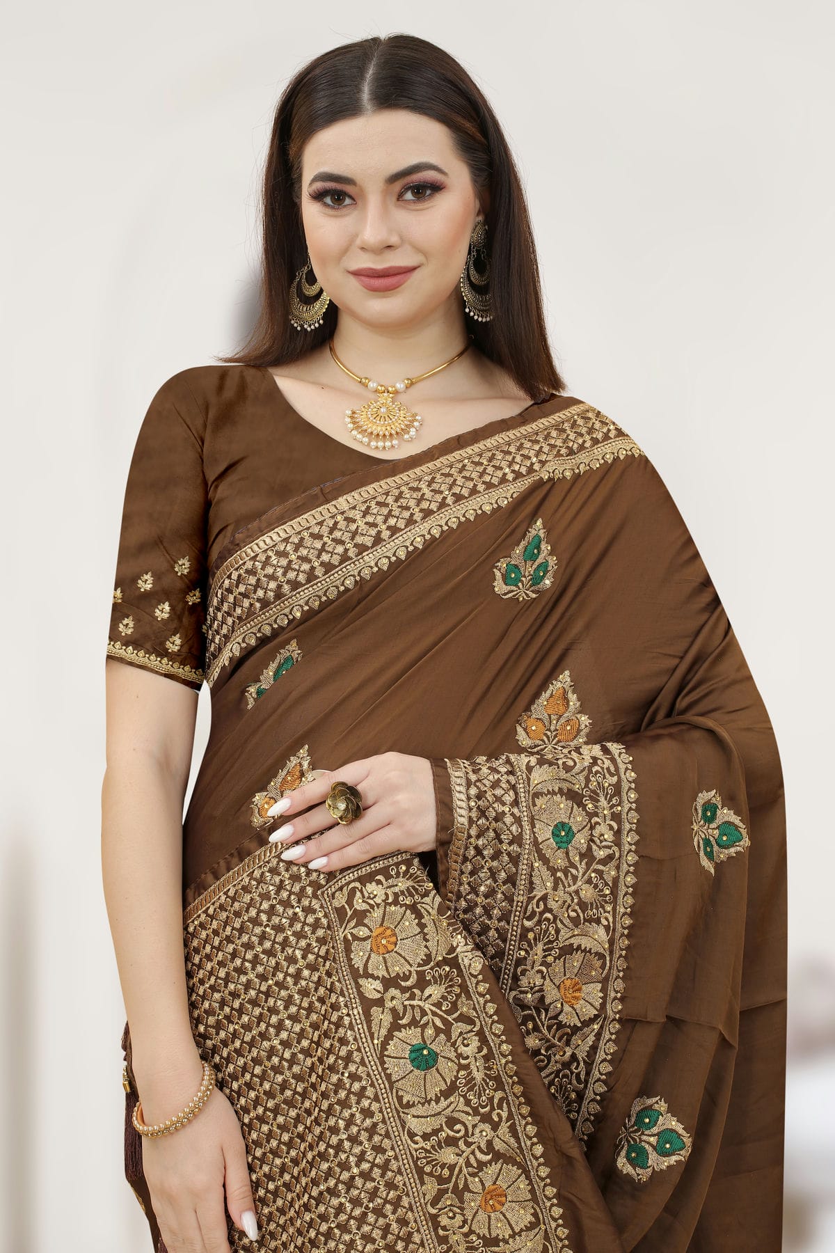 Brown Colour Satin Silk Designer Saree VSLC1121310
