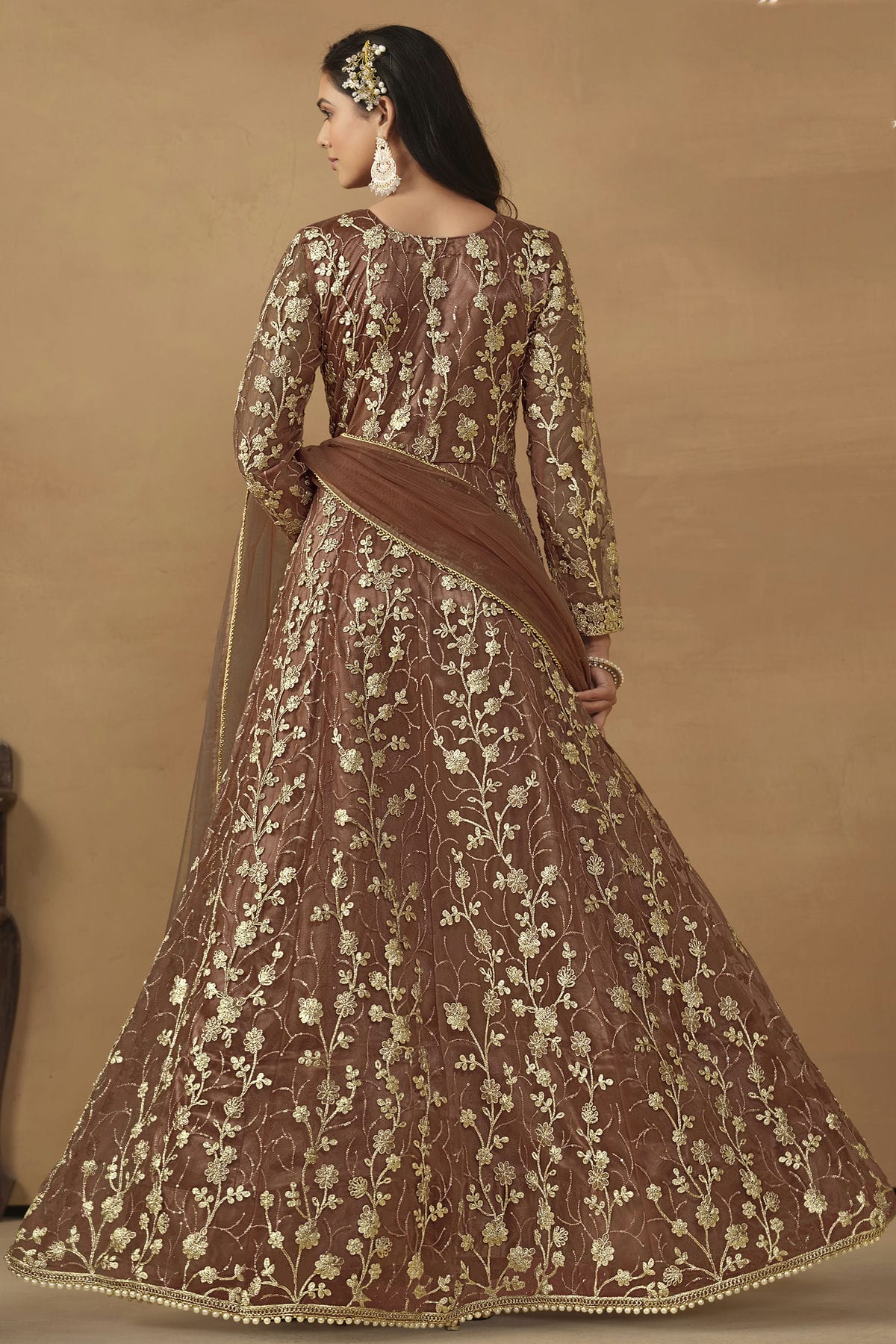 Brown Colour Semi Stitched Net Pant Style Suit VSSM1050472