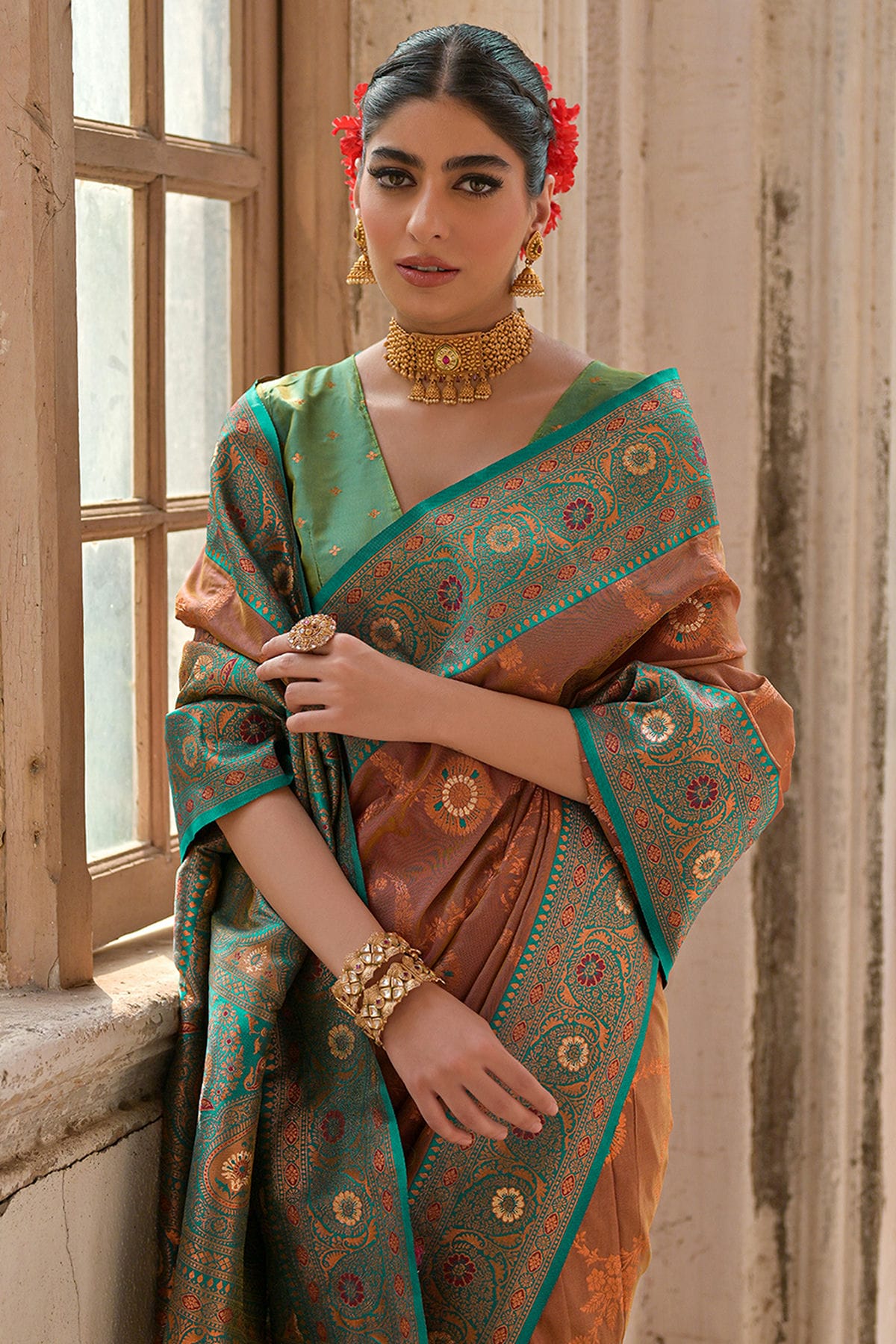 Brown Colour Woven Work Banarasi Silk Saree