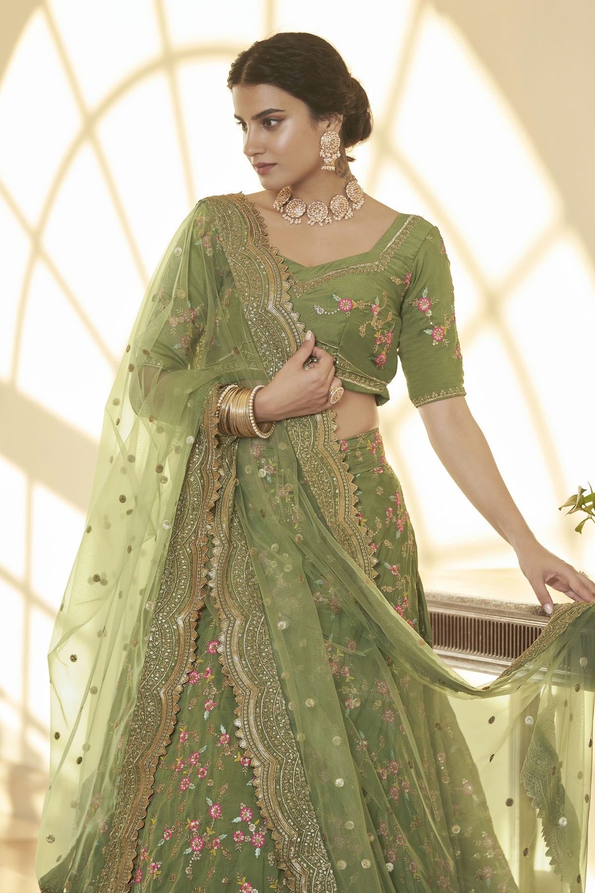 Chinnon Silk Designer Lehenga Choli In Light Green Colour VSLC1270052