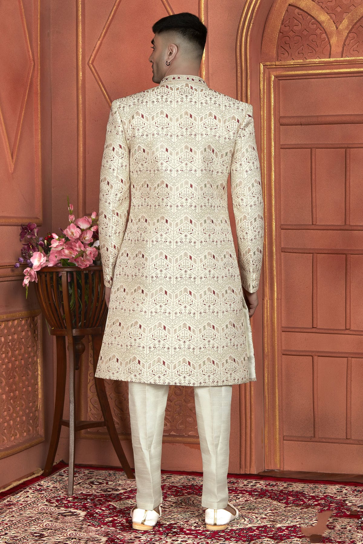 Cream Colour Art Silk Indowestern Sherwani With Aligadhi Pant VSSH1230010