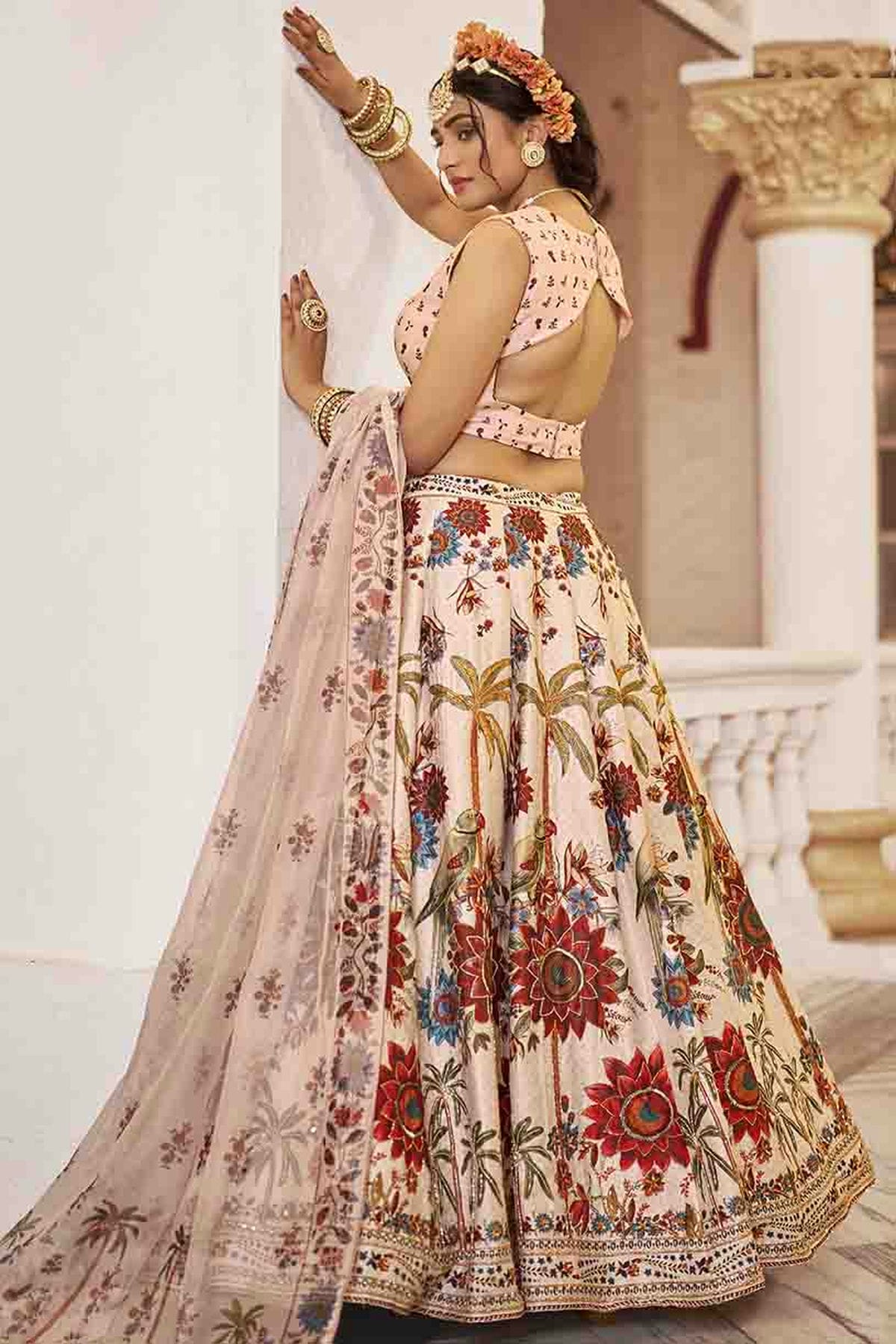 Cream Colour Art Silk Printed and Hand Work Lehenga Choli