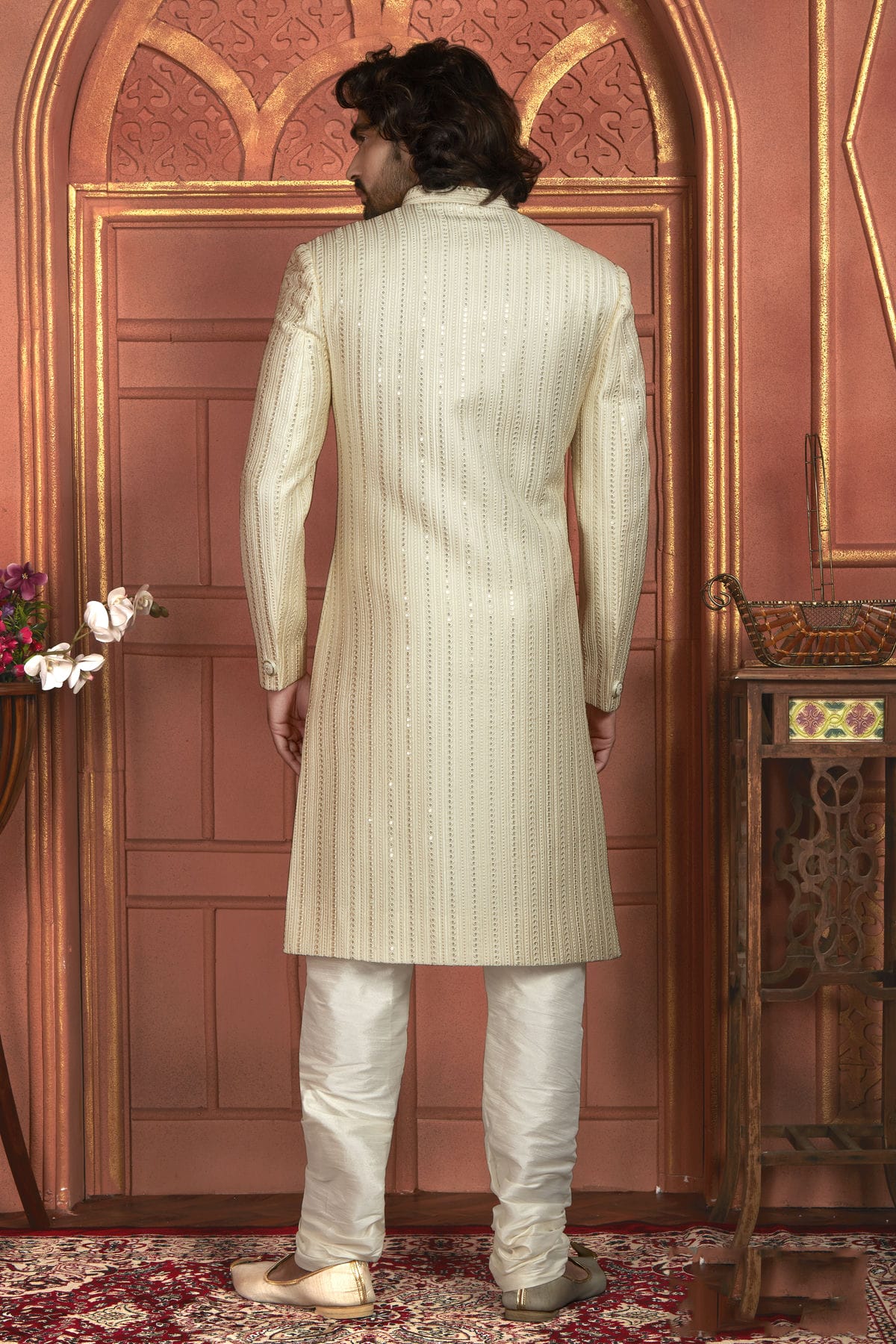 Cream Colour Art Silk Sherwani With Churidar Pant VSSH1230049
