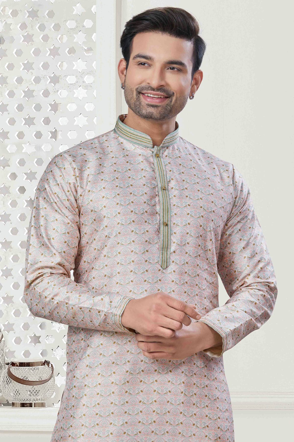 Cream Colour Digital Print Silk Kurta Pajama VSKP1113418