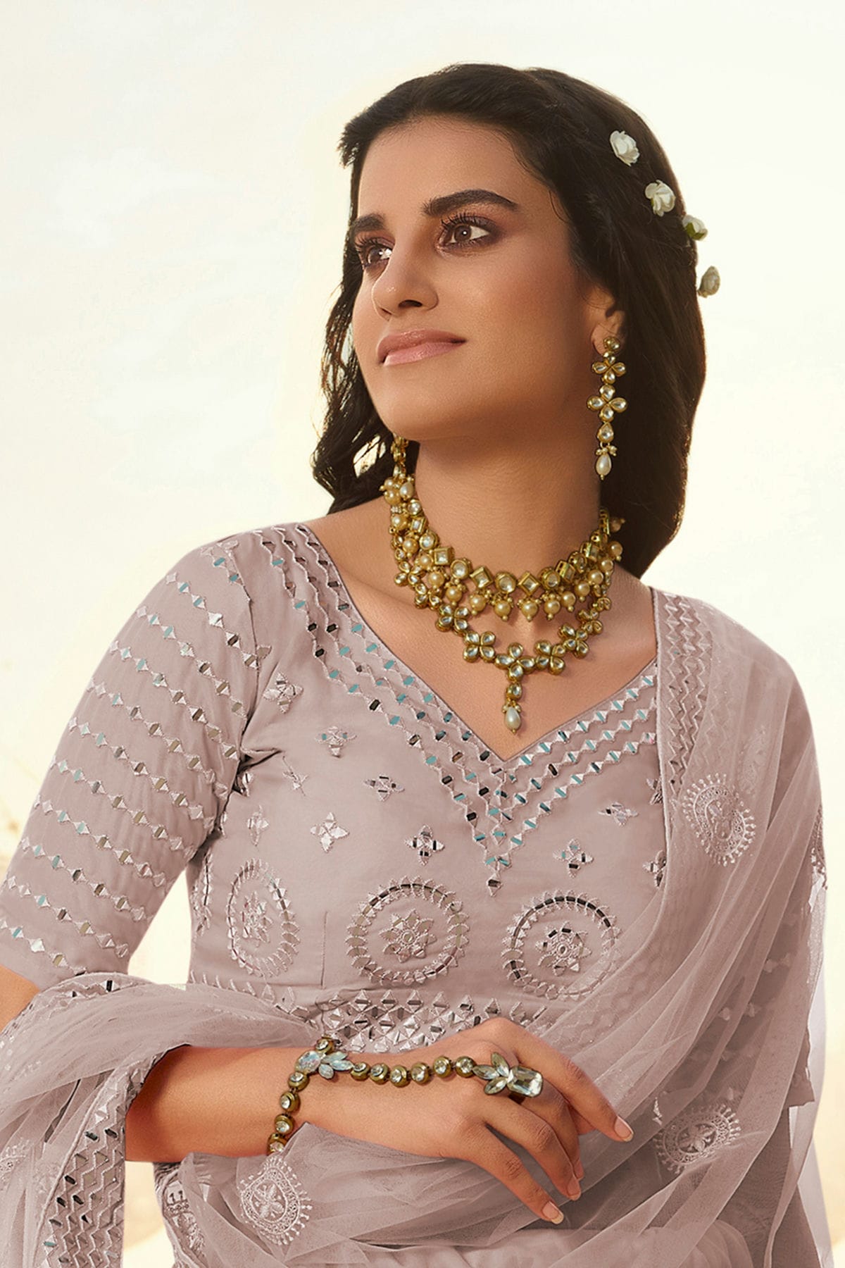 Cream Colour Embroidery Organza Lehenga Choli VSLD1080697