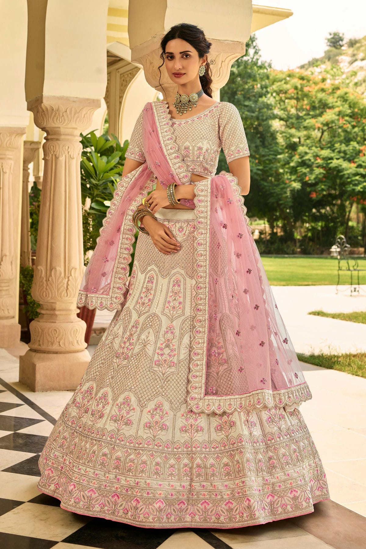 Cream Colour Embroidery Organza Lehenga Choli VSLD1080820