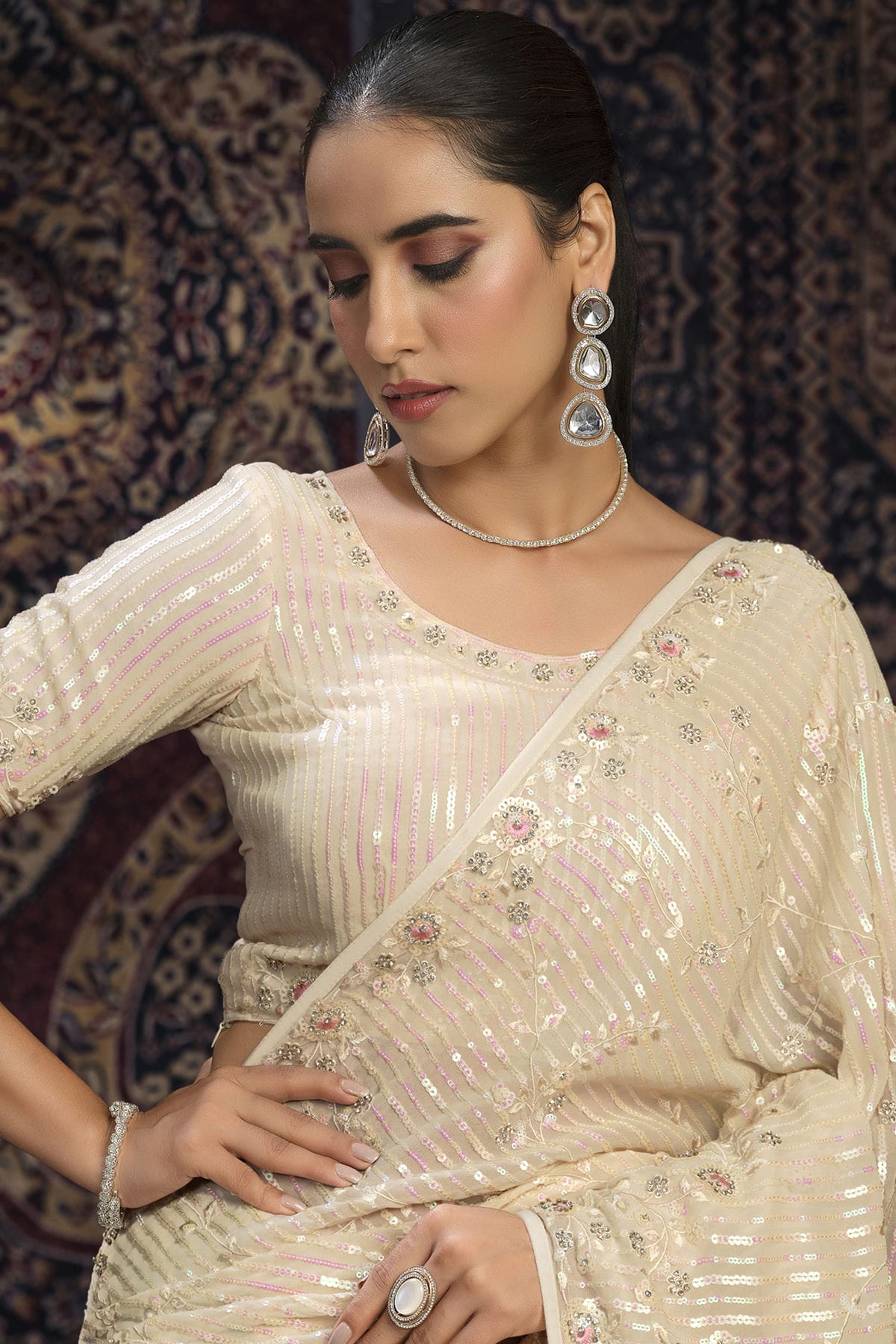 Cream Colour Georgette Designer Saree VSSD1080877