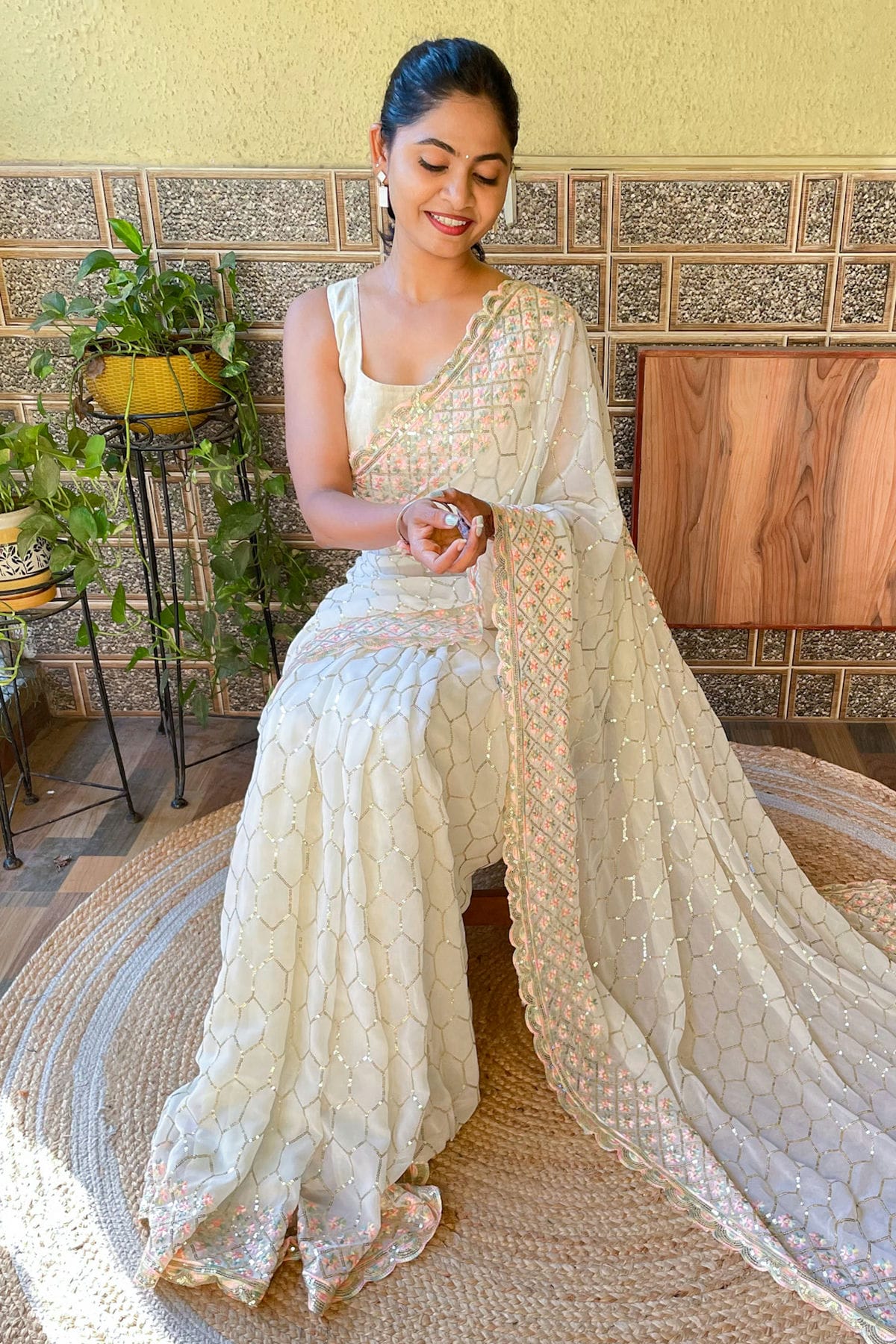 Cream Colour Georgette Saree VSSD1110149