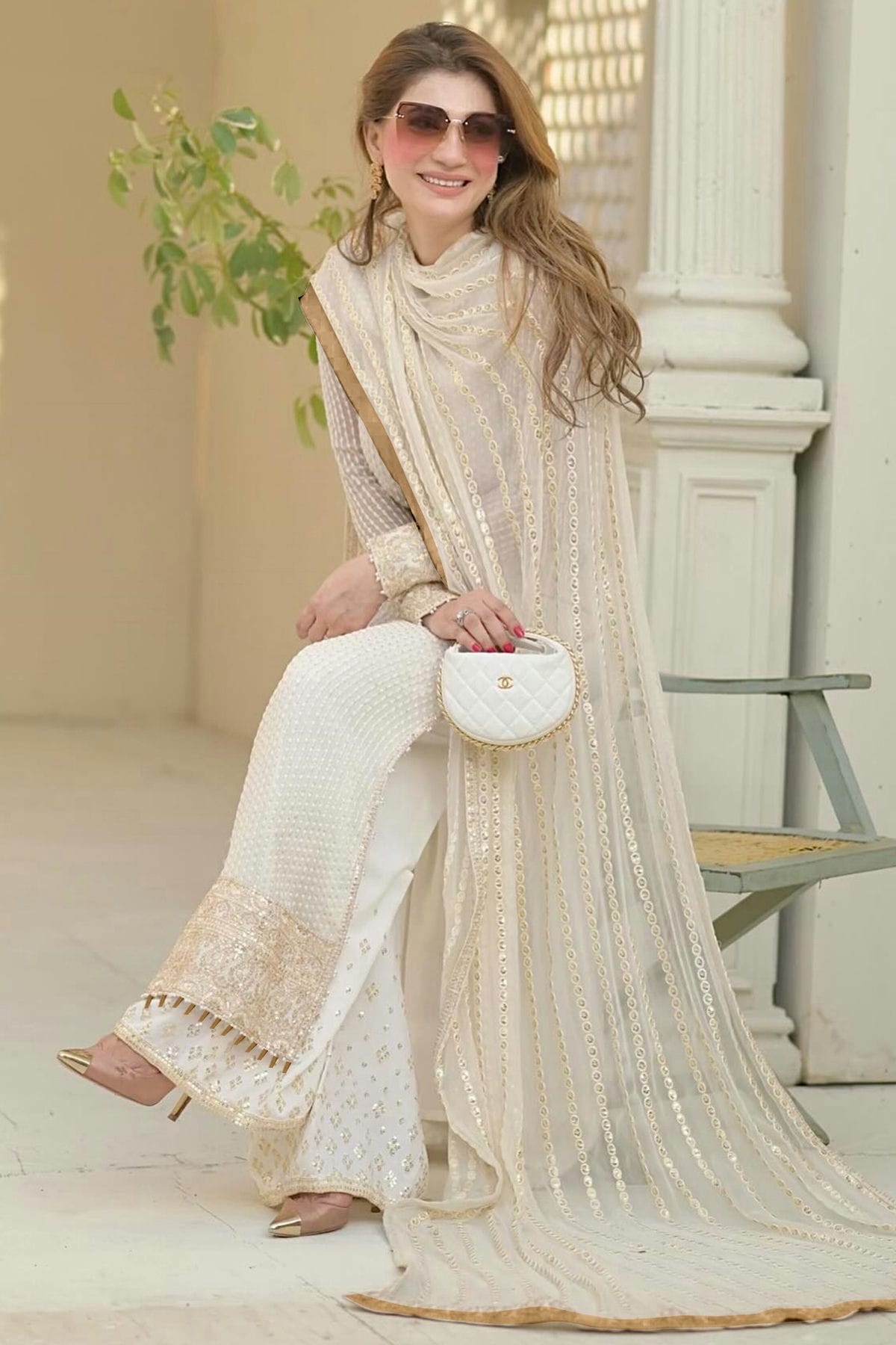 Cream Colour Georgette Semi Stitched Pakistani Suit VSSM1250215