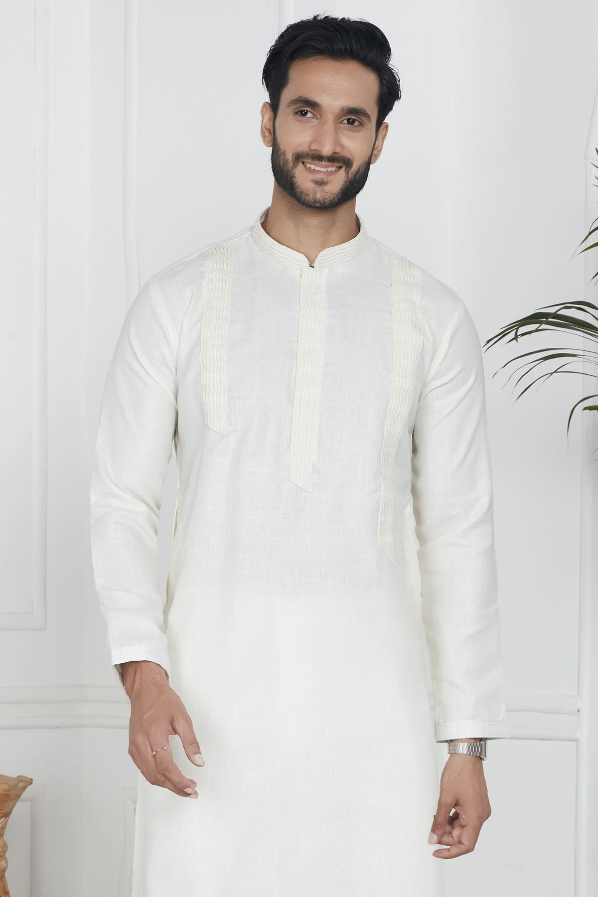 Cream Colour Linen Cotton Pintex Work Kurta Pajama VSKP1230124