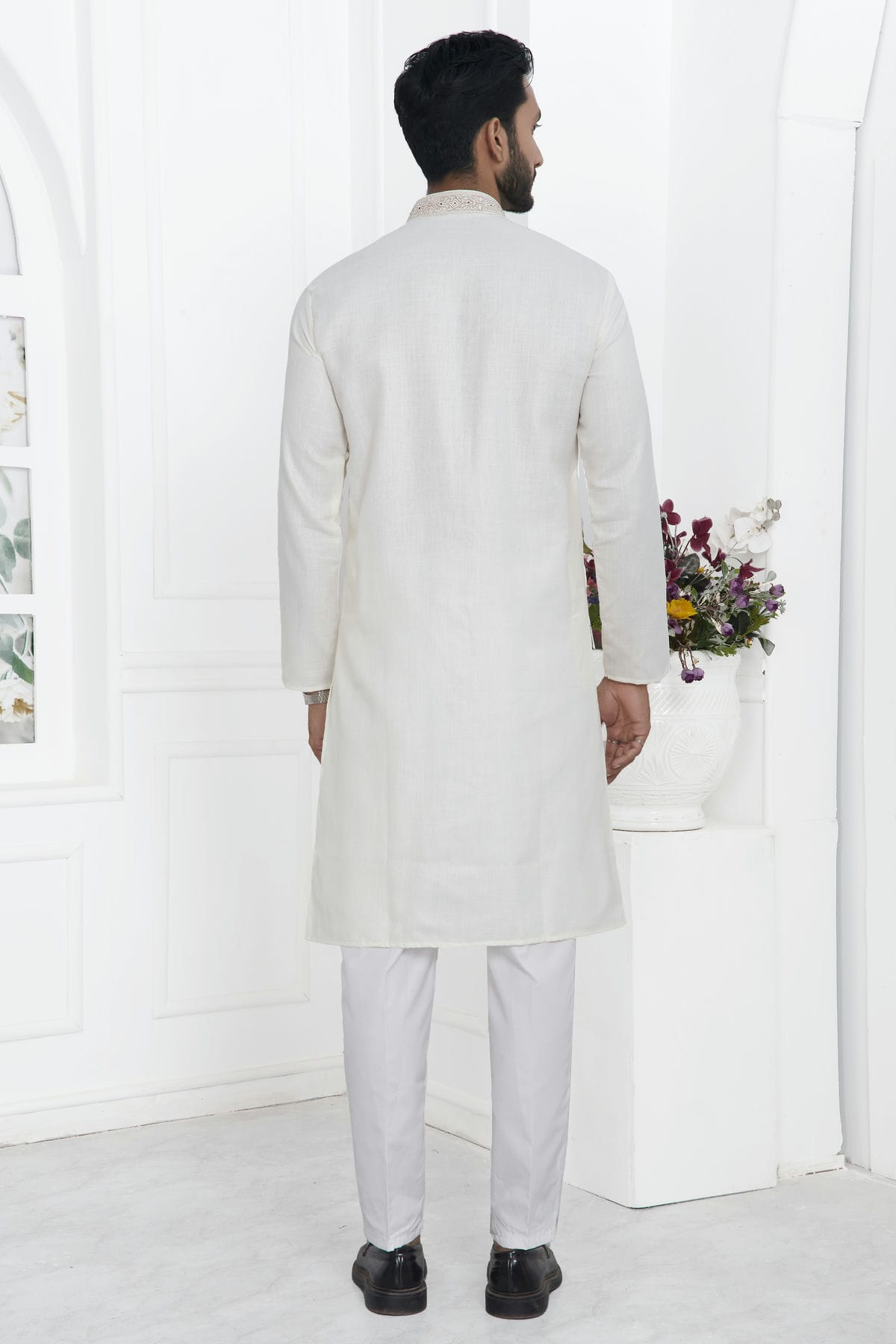 Cream Colour Linen Cotton Thread Work Kurta Pajama VSKP1230141