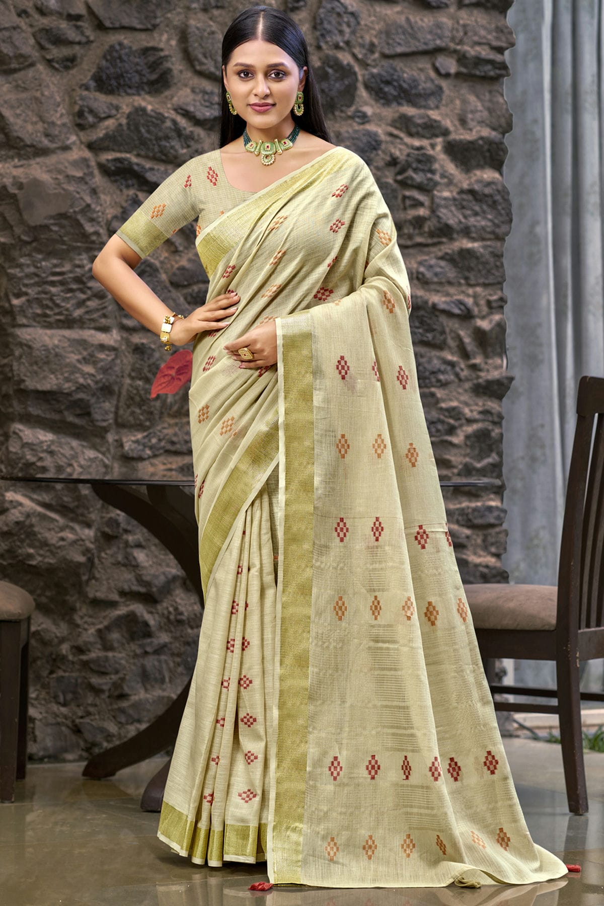 Cream Colour Linen Woven Work Traditional Saree