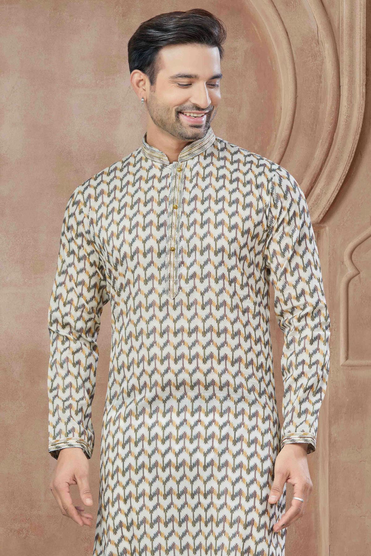 Cream Colour Printed and Pintex Work Cotton Kurta Pajama VSKP1113438
