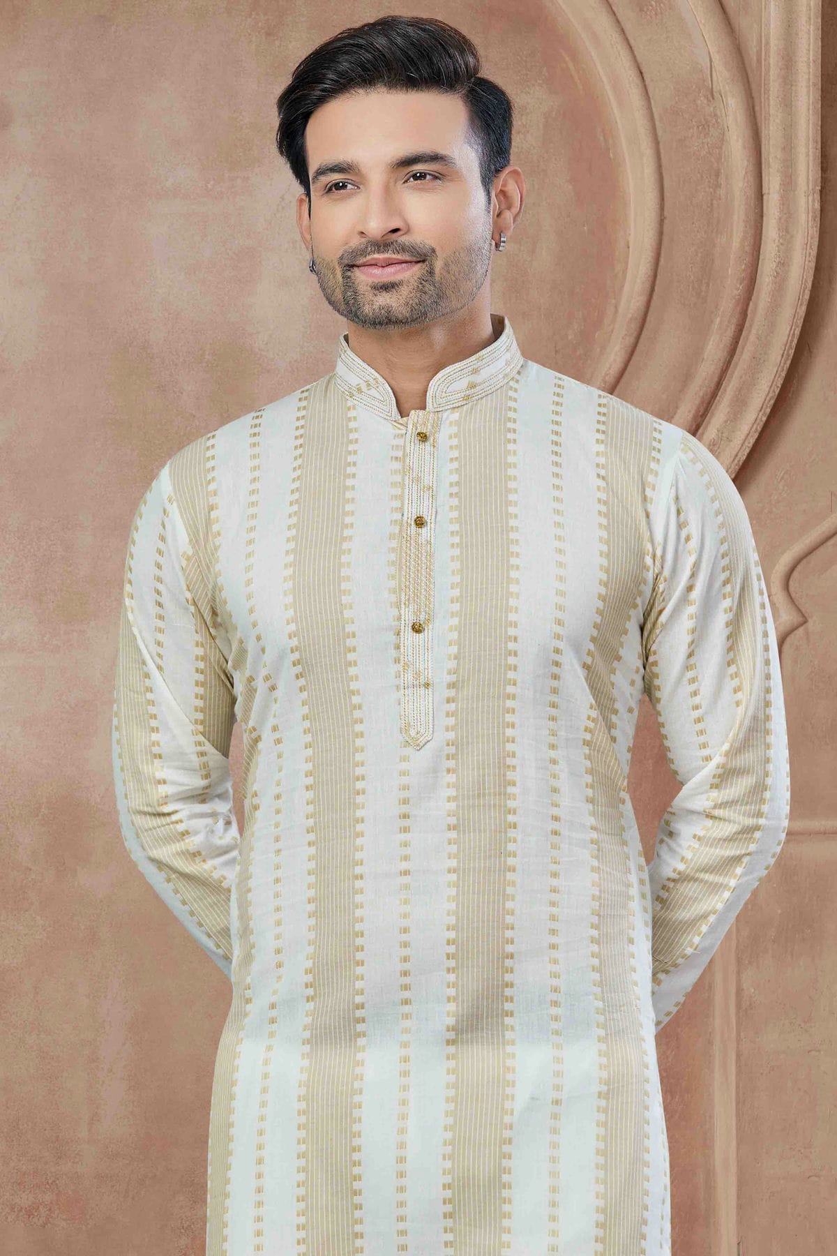 Cream Colour Printed and Pintex Work Cotton Kurta Pajama VSKP1113441