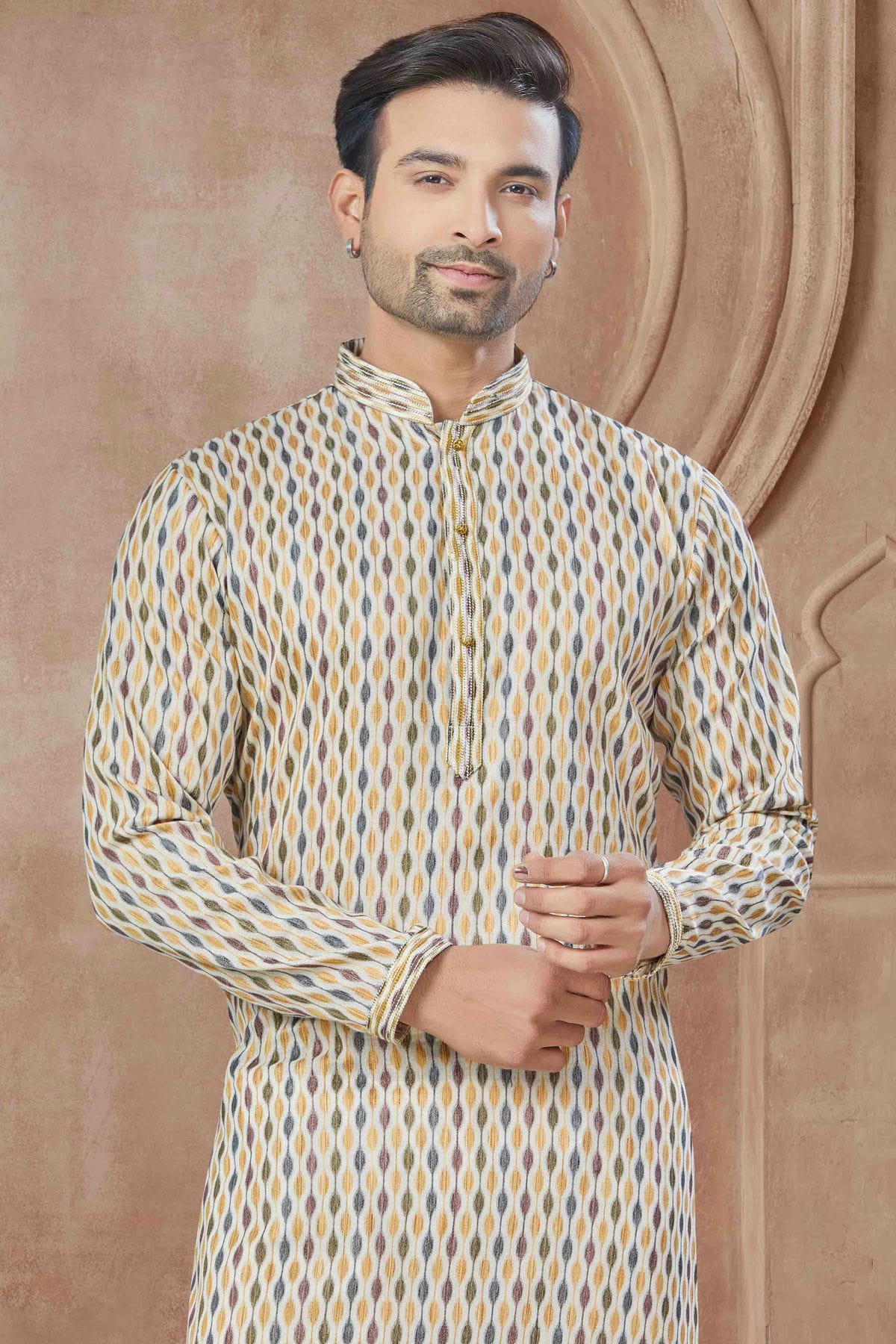 Cream Colour Printed and Pintex Work Cotton Kurta Pajama VSKP1113443