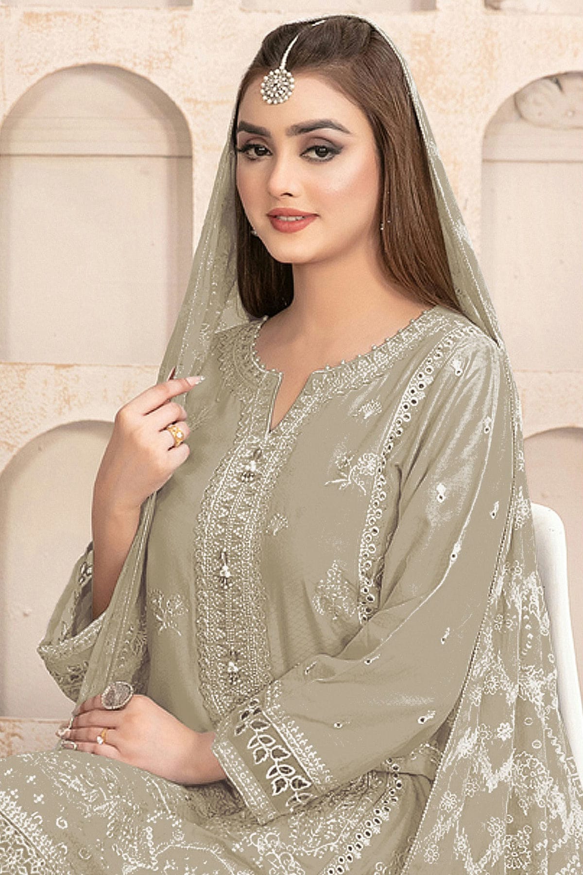 Cream Colour Semi Stitched Faux Georgette Pakistani Suit VSSM1140188