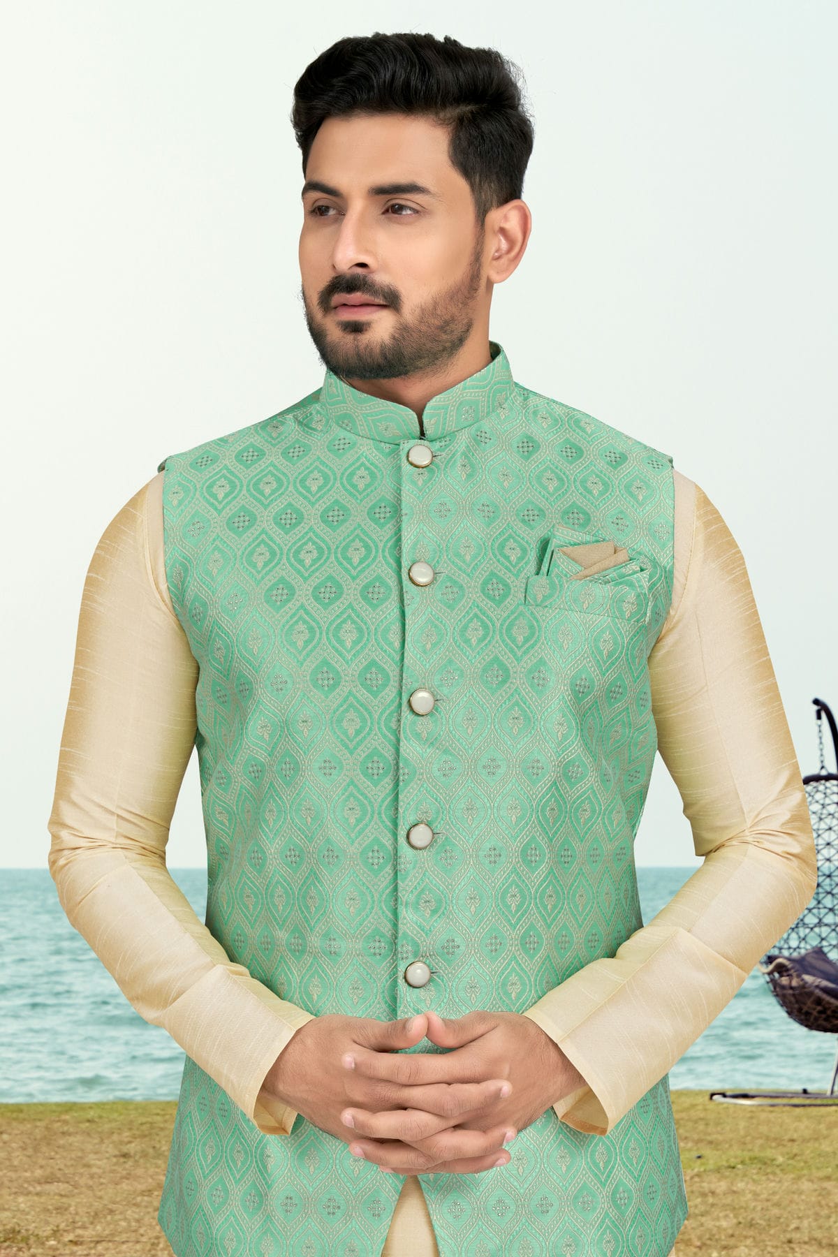 Cream Colour Silk Dhupion Jacket Kurta Pajama VSKP1040495