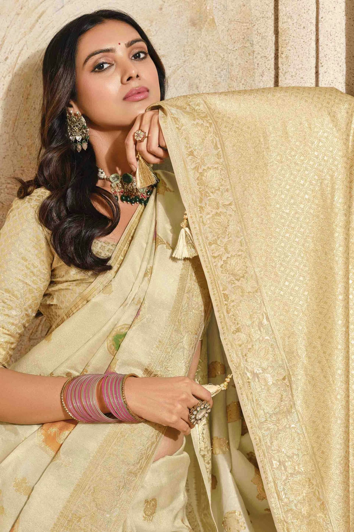 Cream Colour Silk Zari Work Traditional Saree VSSD1113573