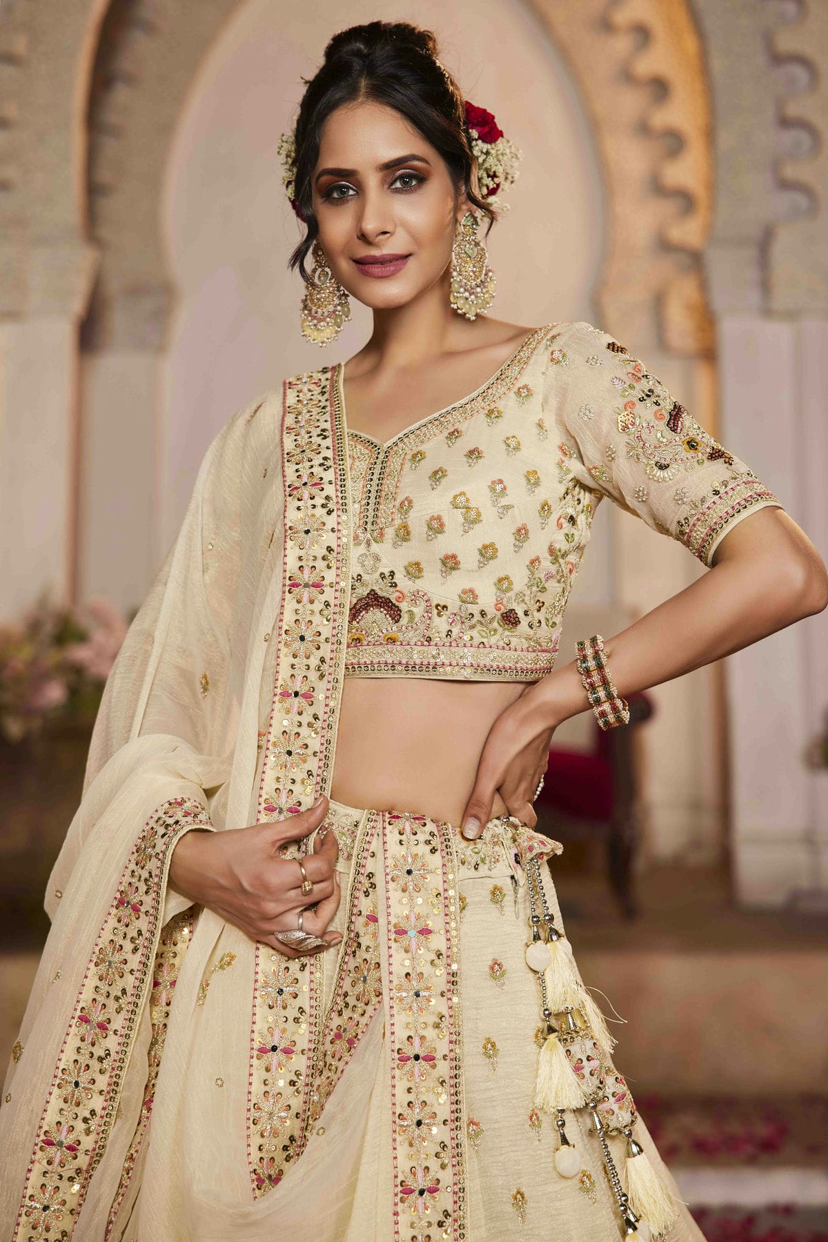 Cream Colour Tissue Lehenga Choli VSLC1113152