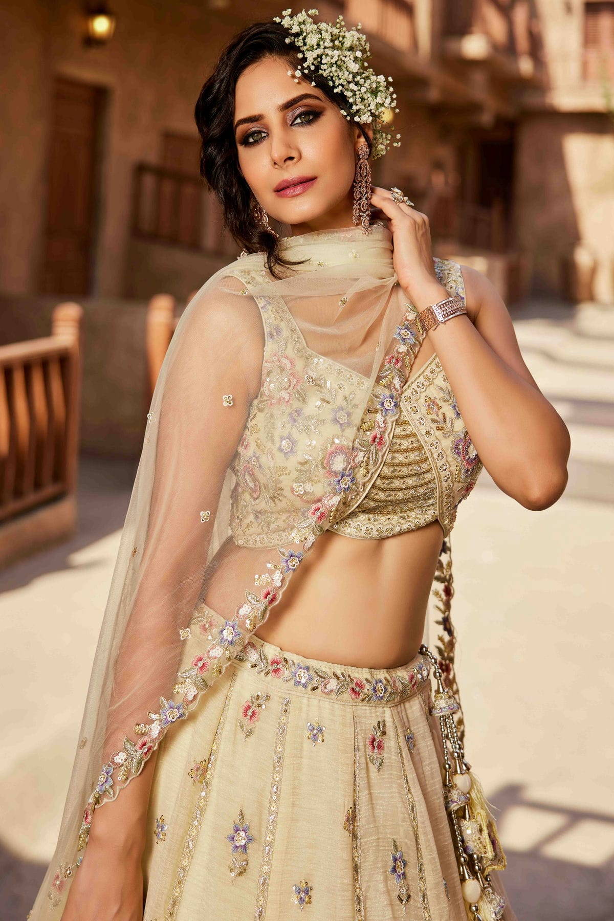 Cream Colour Tissue Lehenga Choli VSLC1113159