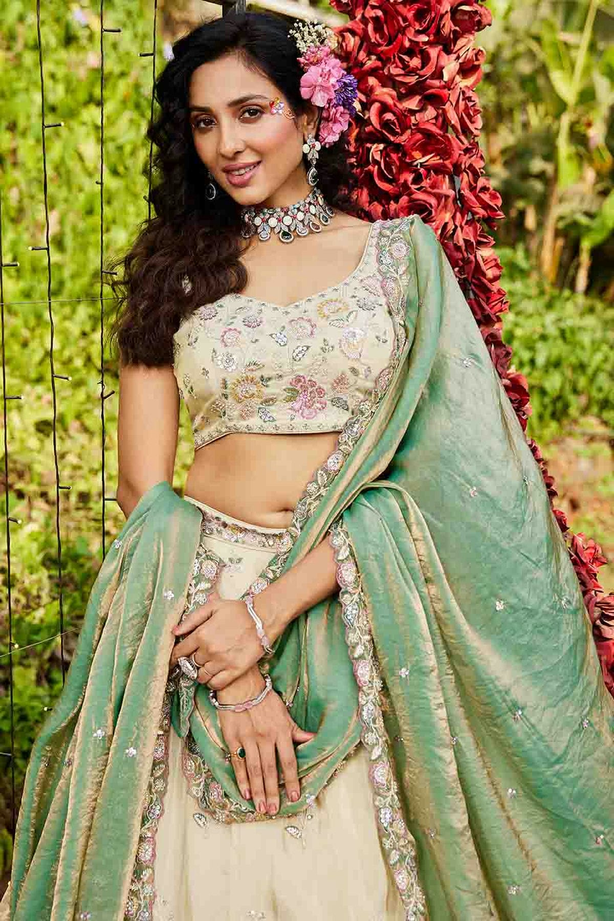 Cream Colour Tissue Lehenga Choli VSLC1113174