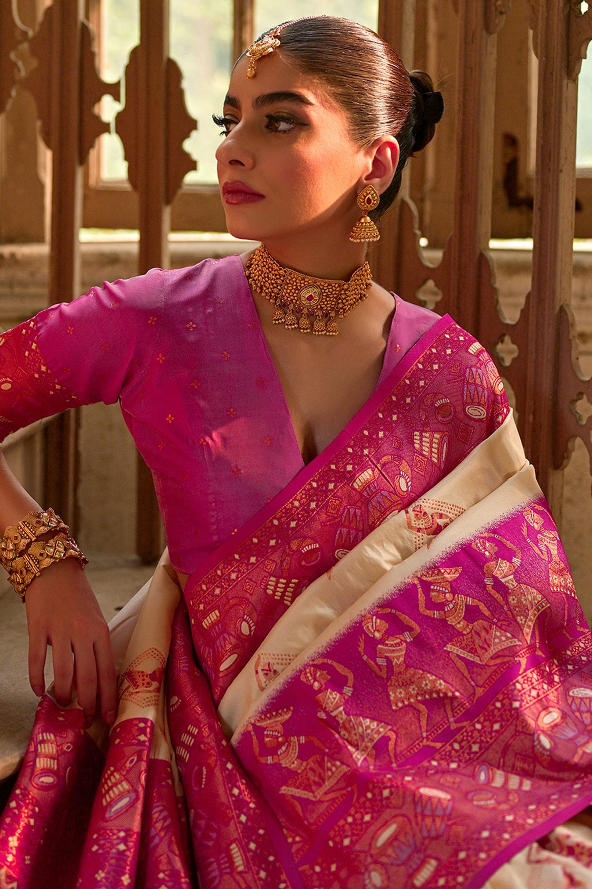 Cream Colour Woven Work Banarasi Silk Saree