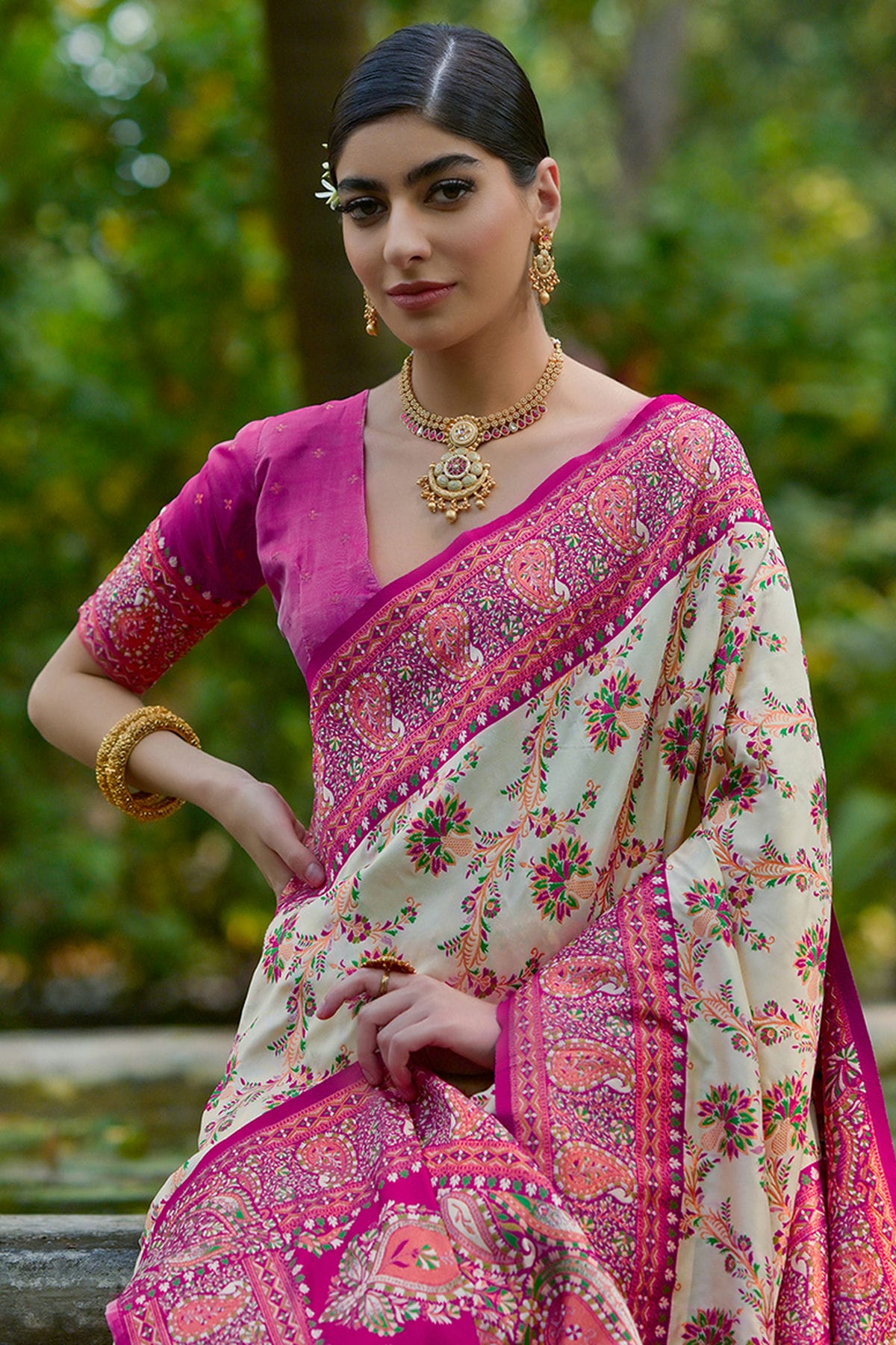 Cream Colour Woven Work Pashmina Silk Saree
