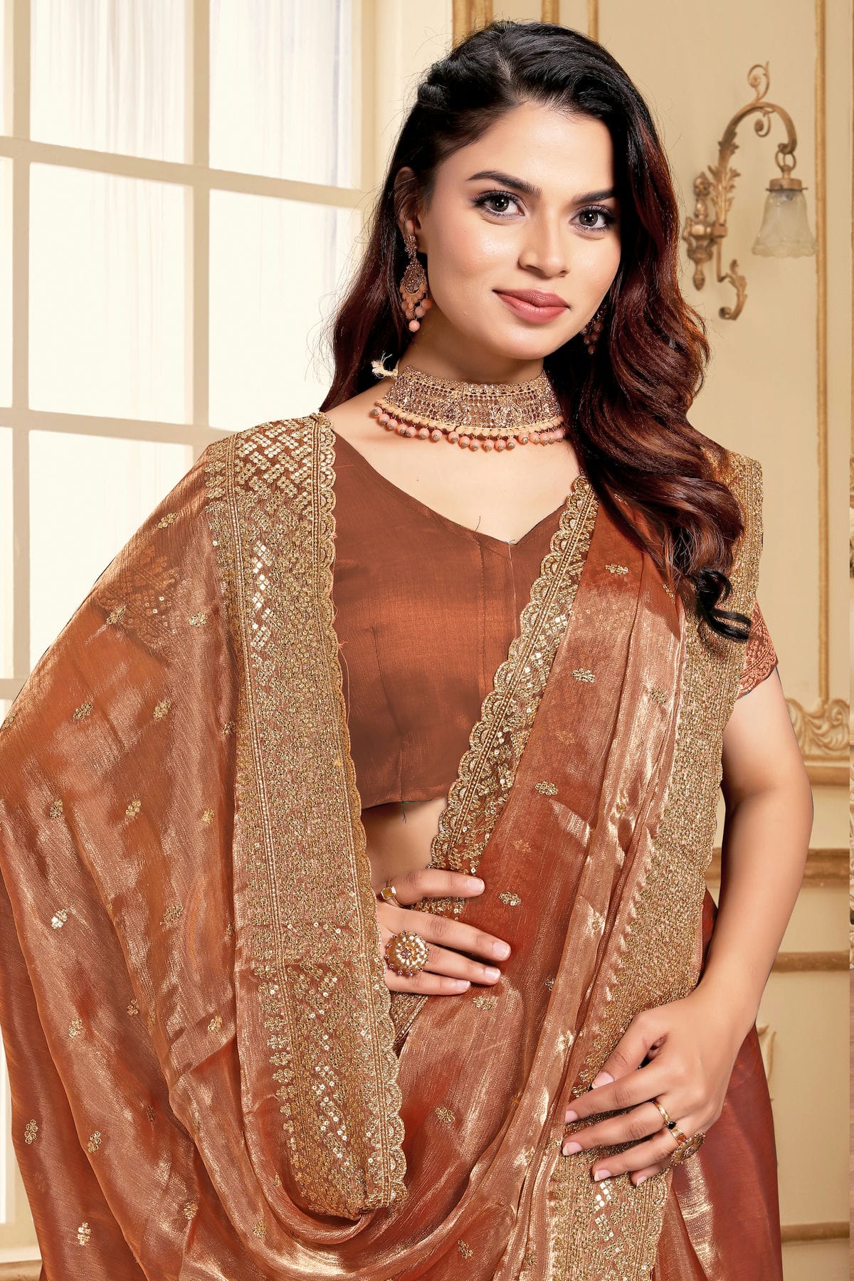 Dusty Peach Colour Burberry Silk Designer Saree VSSD1121847