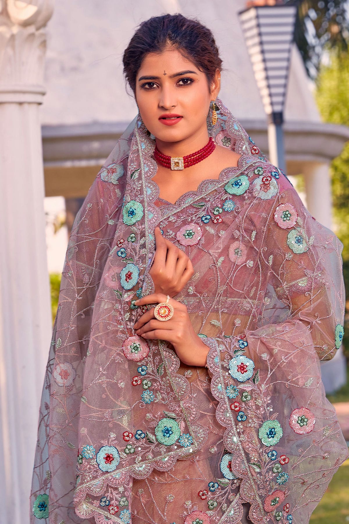 Dusty Peach Colour Net Designer Saree VSLC1121362