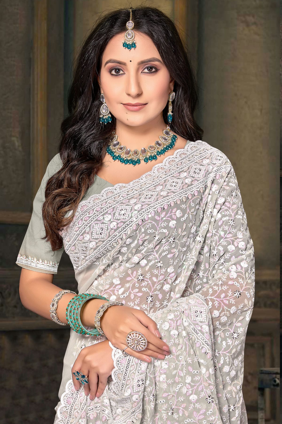 Dusty Pista Green Colour Georgette Designer Saree