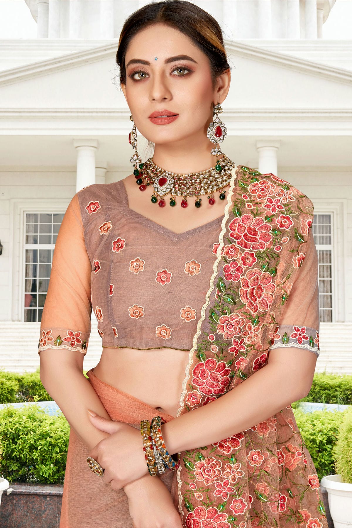 Dusty Peach Colour Net Saree VSSD1090757