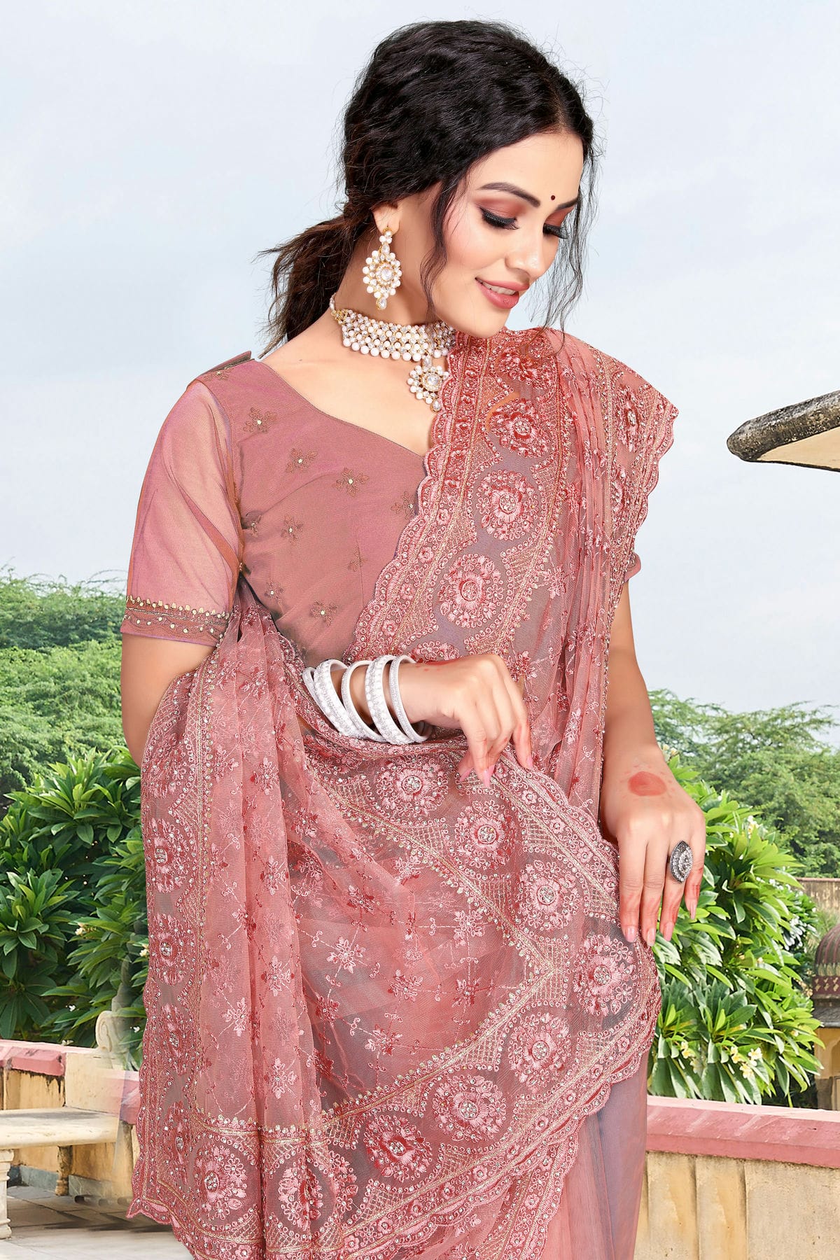 Dusty Pink Colour Net Saree VSSD1090747