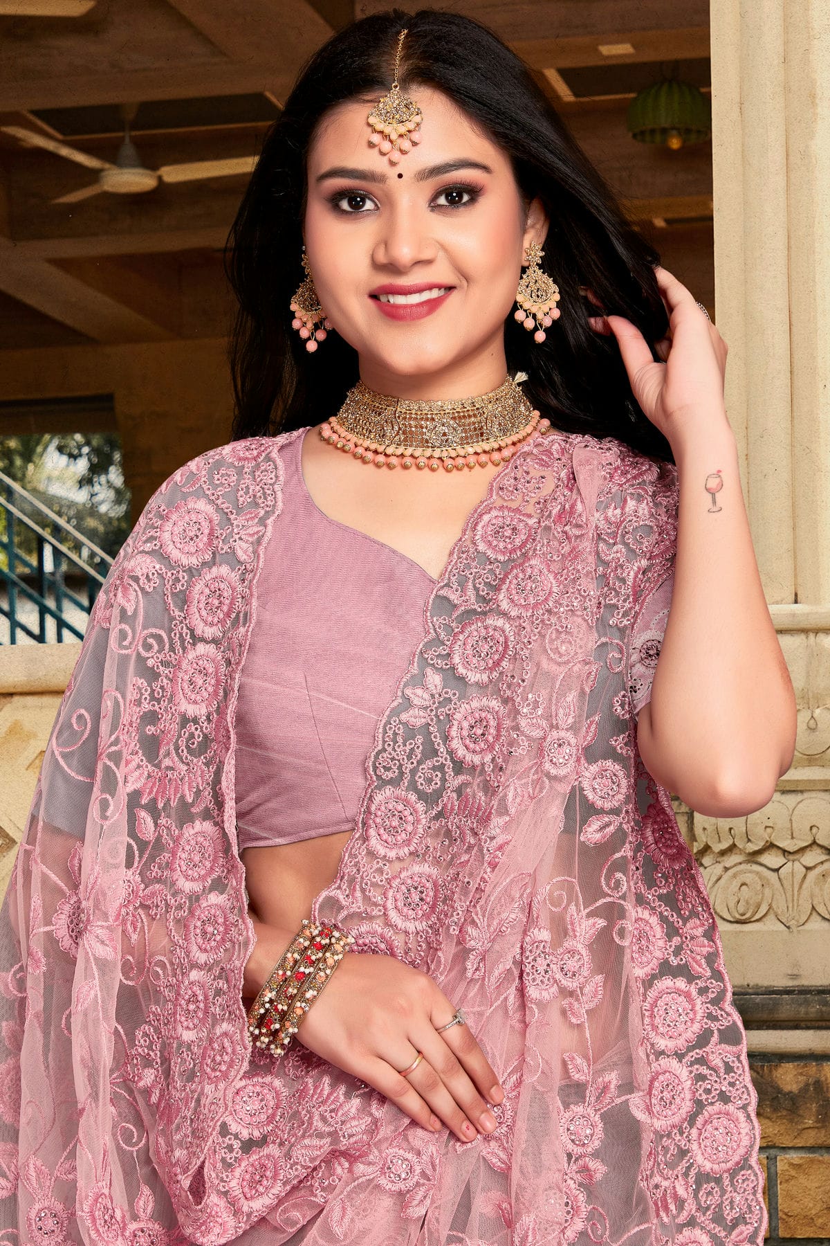 Dusty Pink Colour Net Saree VSSD1090858