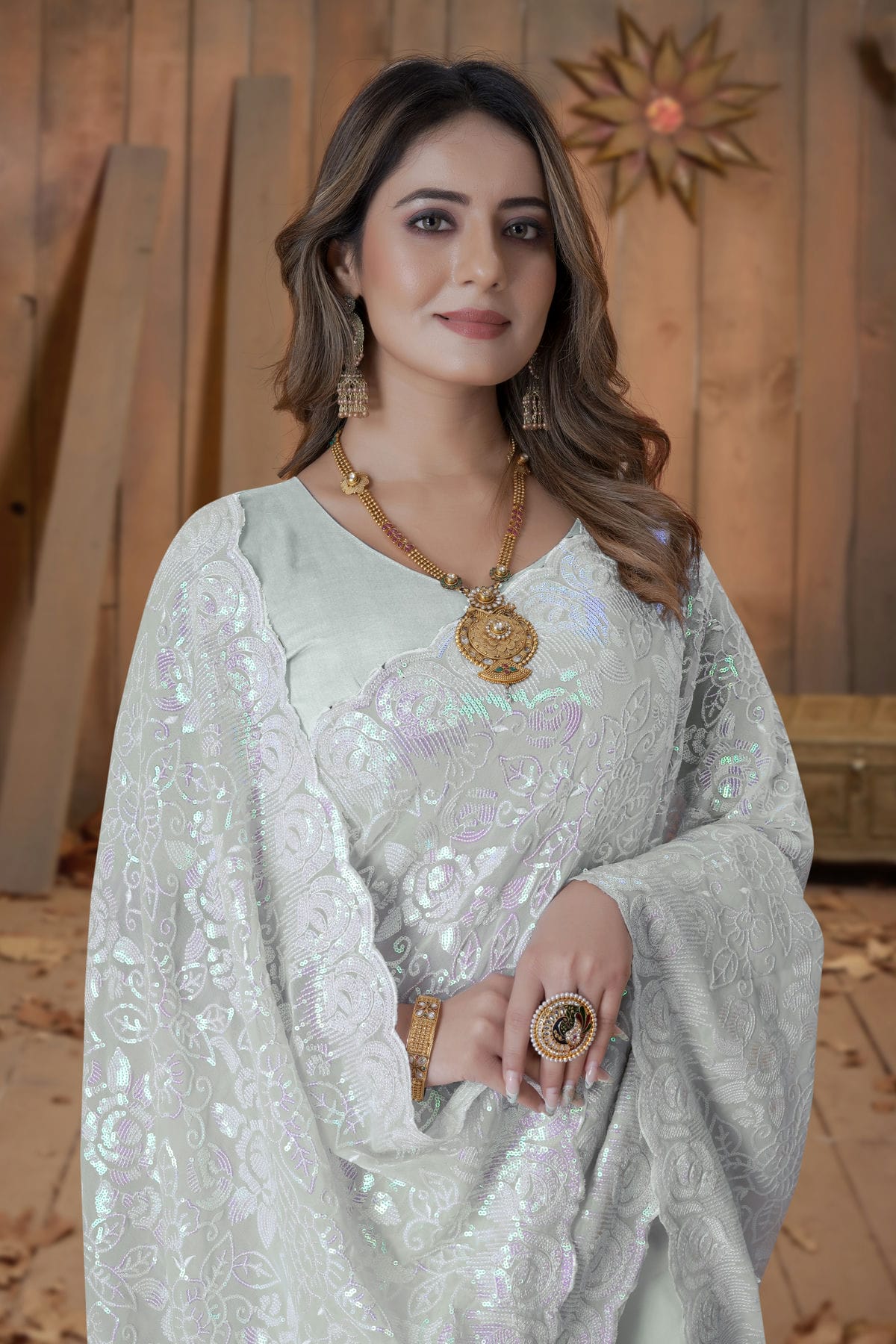 Dusty Pista Green Colour Georgette Saree VSSD1090891