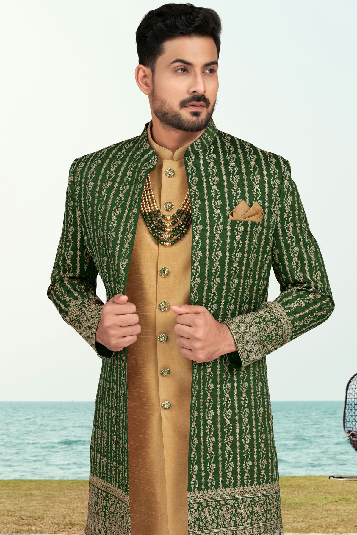 Green Colour Banarasi Silk Sherwani VSSH1040532