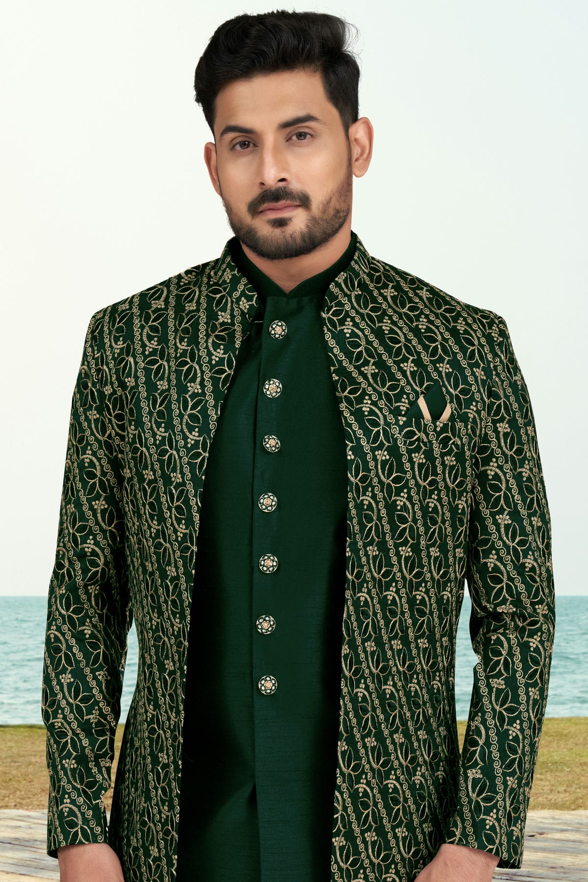 Green Colour Banarasi Silk Sherwani VSSH1040534