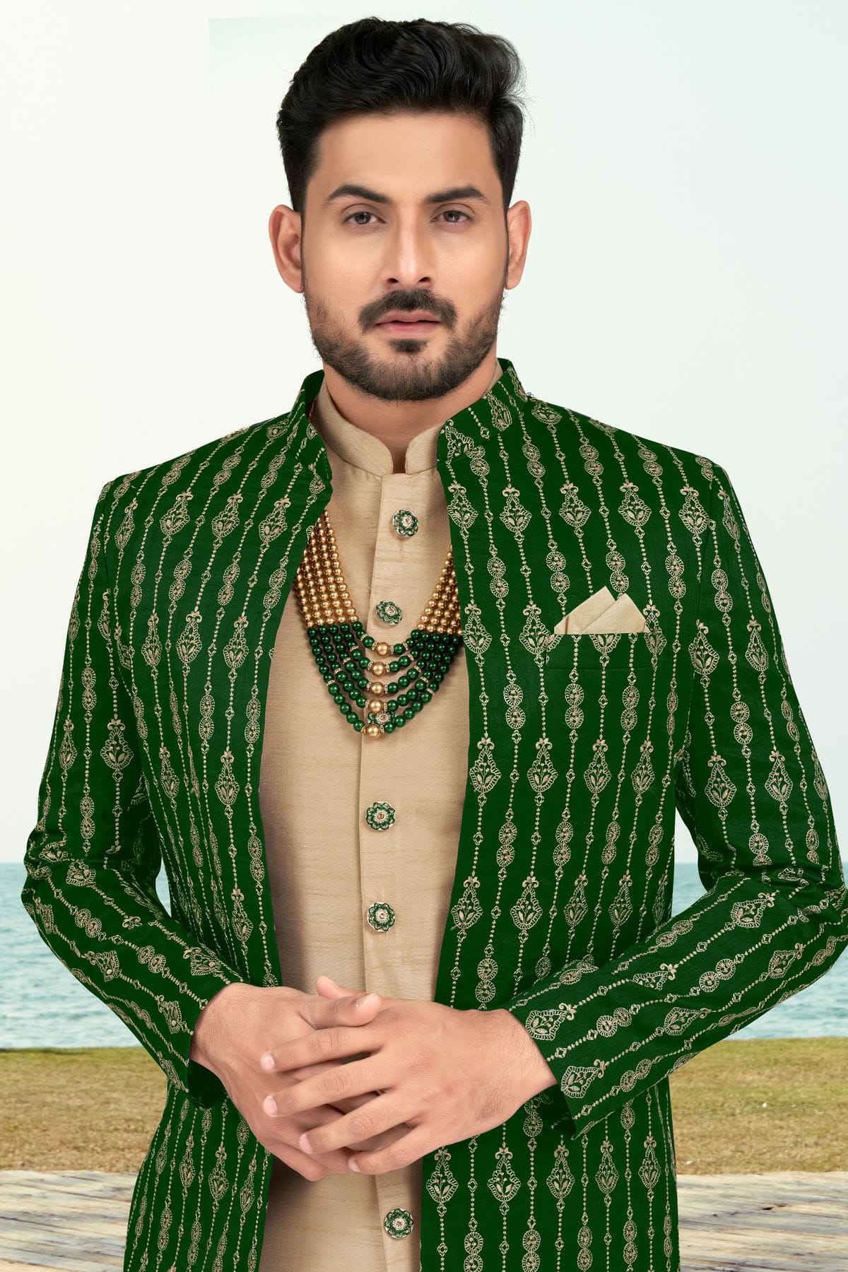Green Colour Banarasi Silk Sherwani VSSH1040542