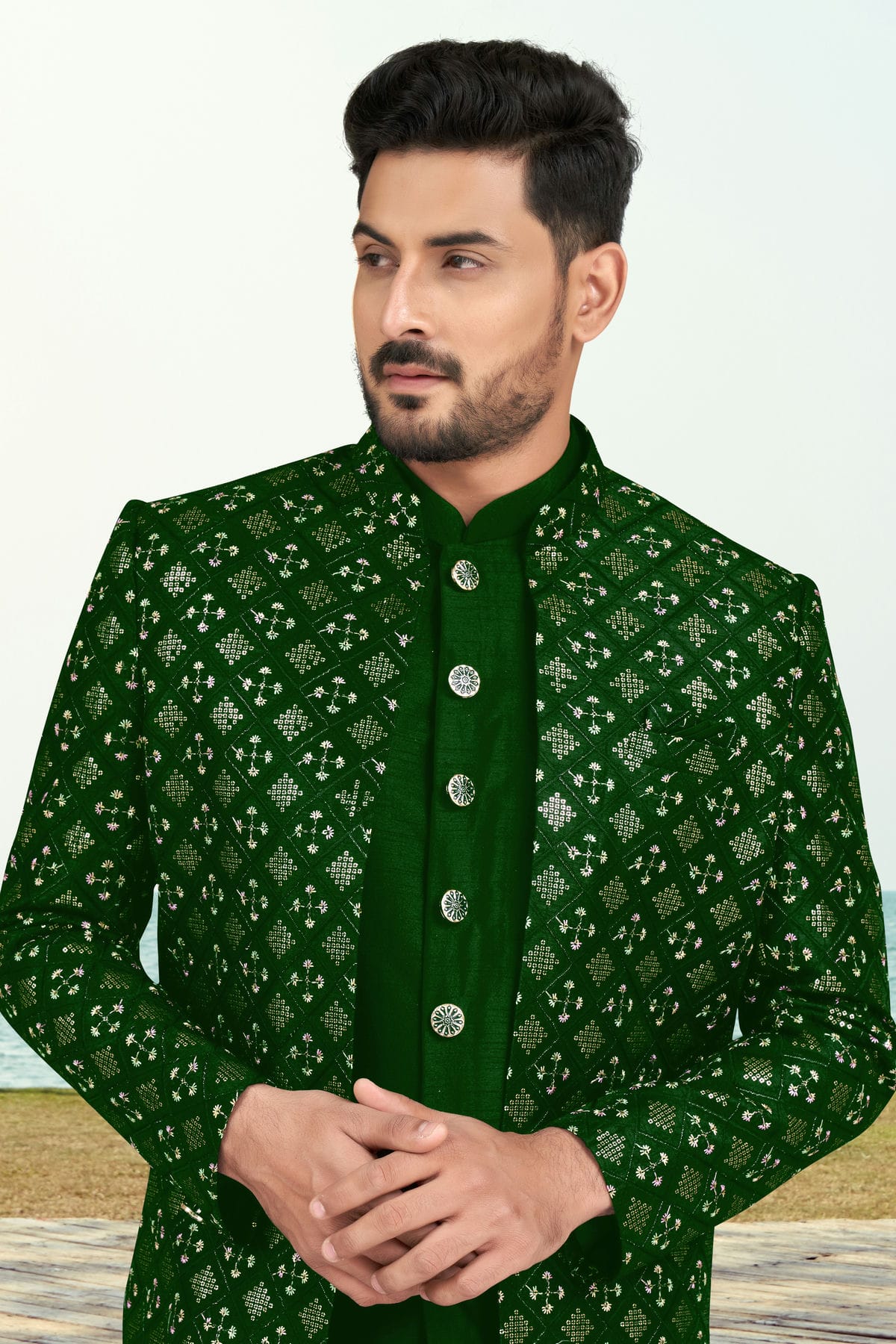 Green Colour Champion Silk Sherwani VSSH1040544