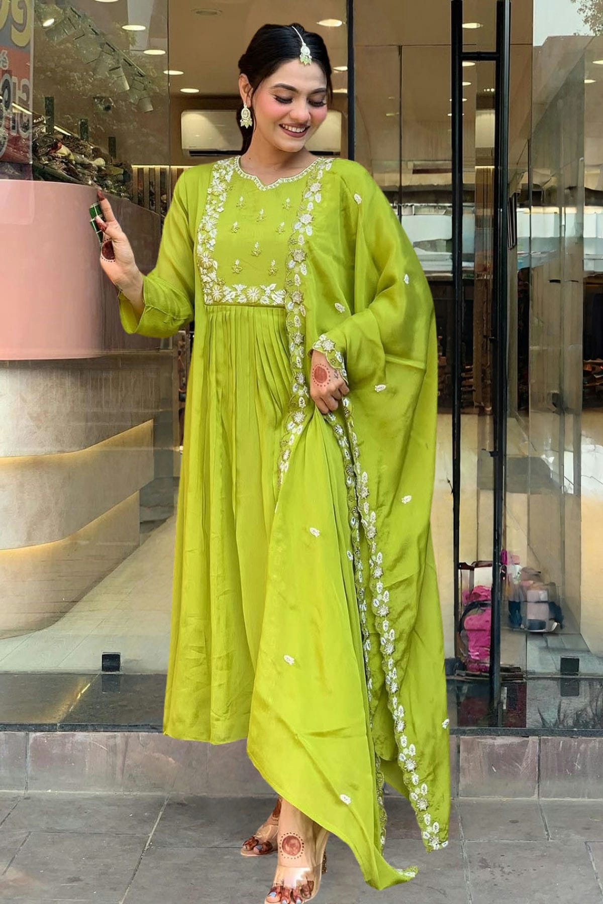 Green Colour Embroidery Chinon Stitched Suit