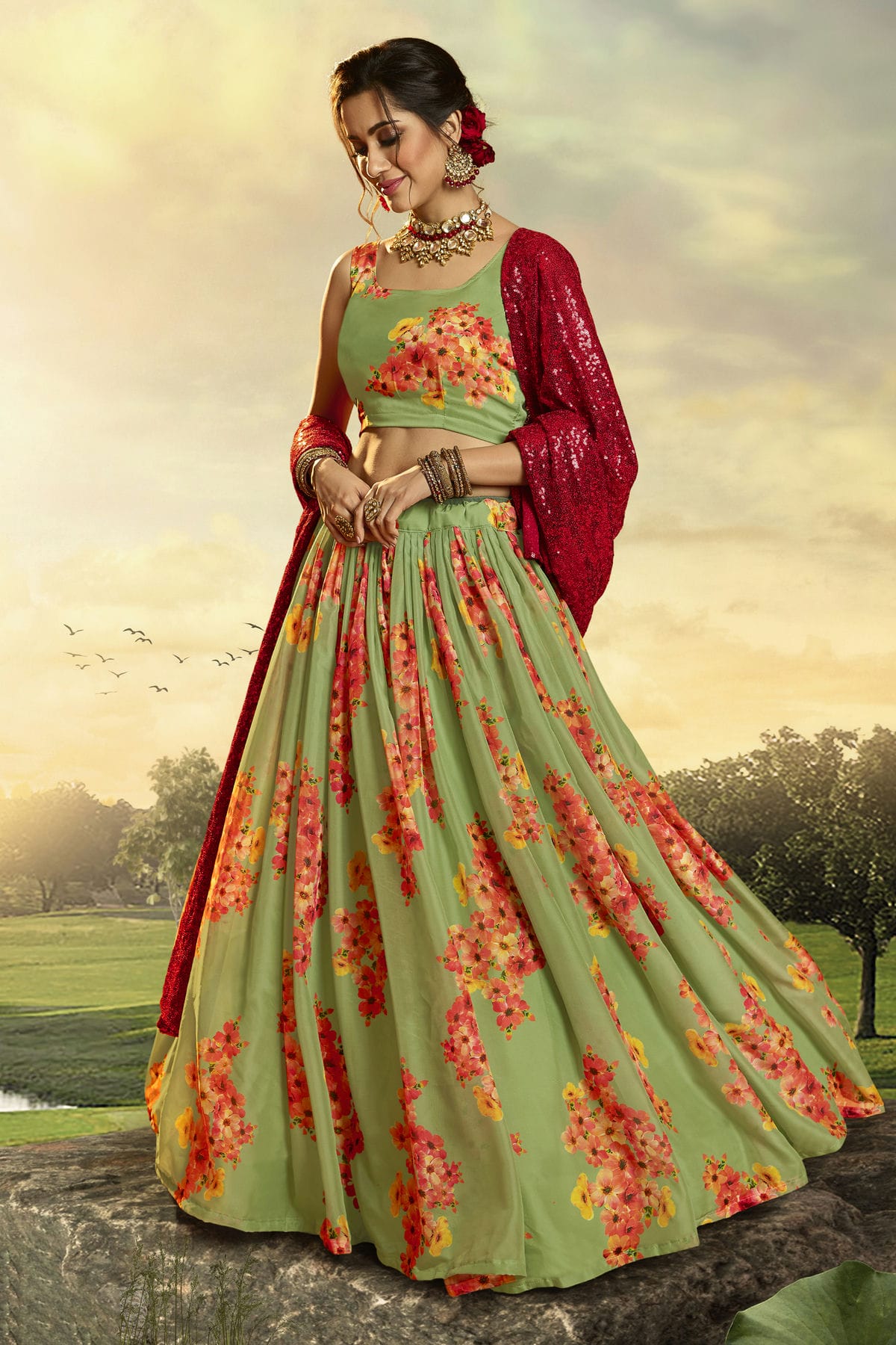 Green Colour Embroidery Organza Lehenga Choli VSLD1080684