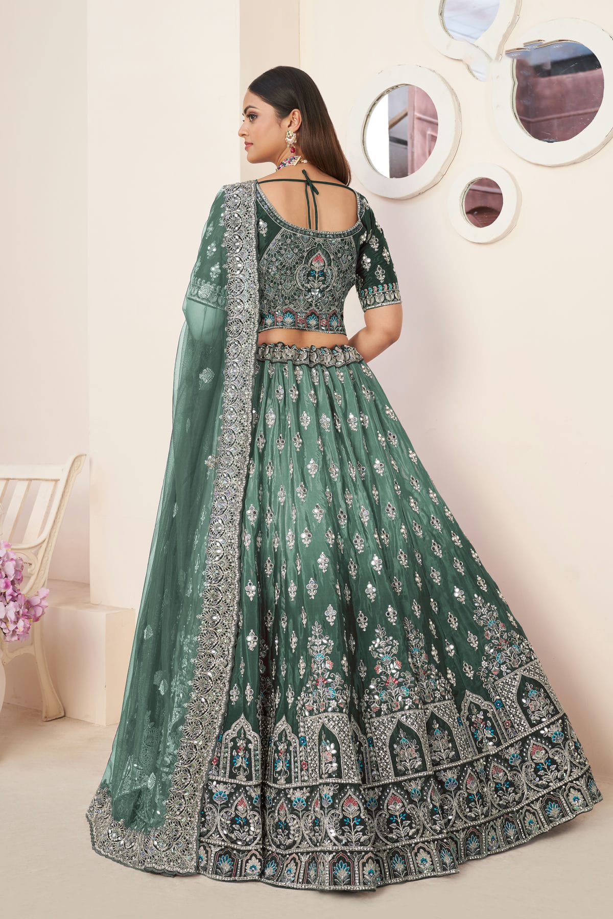Green Colour Embroidery Satin Lehenga Choli VSLD1080858