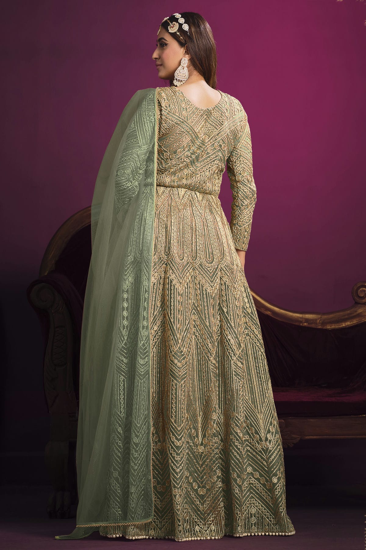 Green Colour Semi Stitched Net Pant Style Suit VSSM1050402